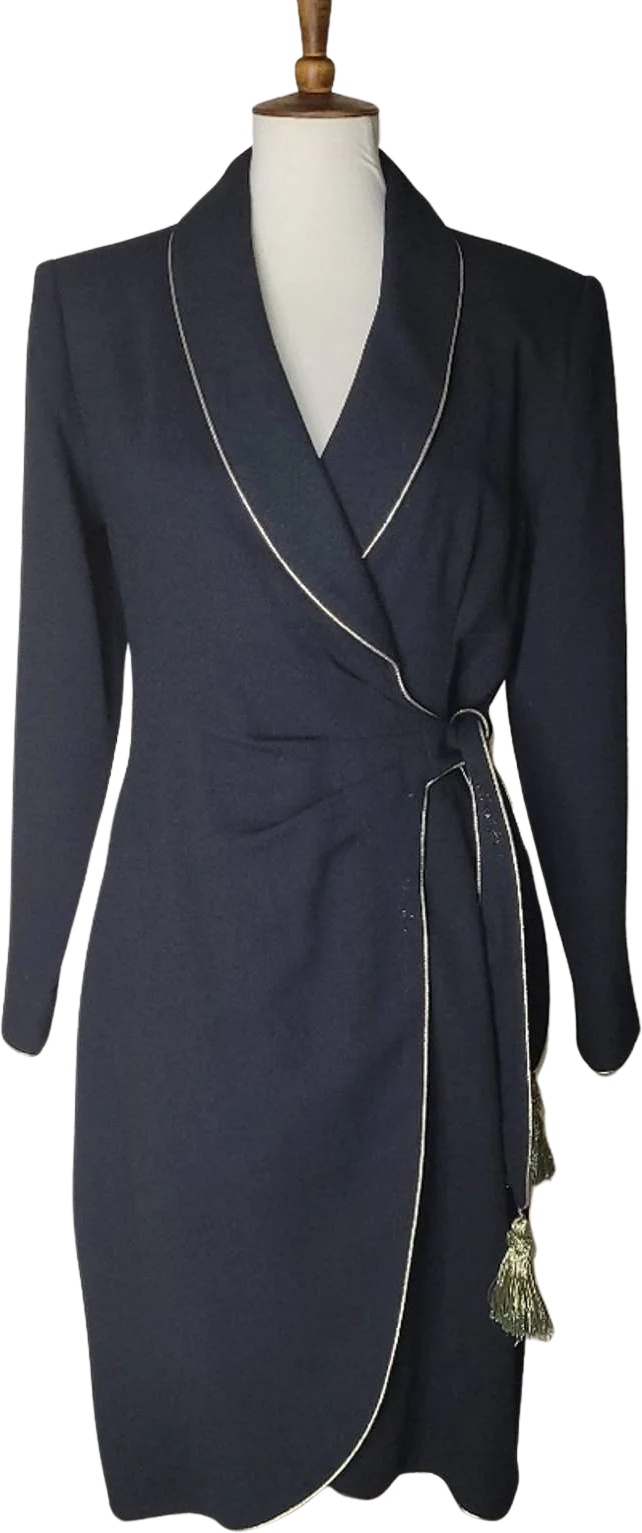 Black Wool Belted Wrap Dress with Gold Metallic Trim by Lillie Rubin