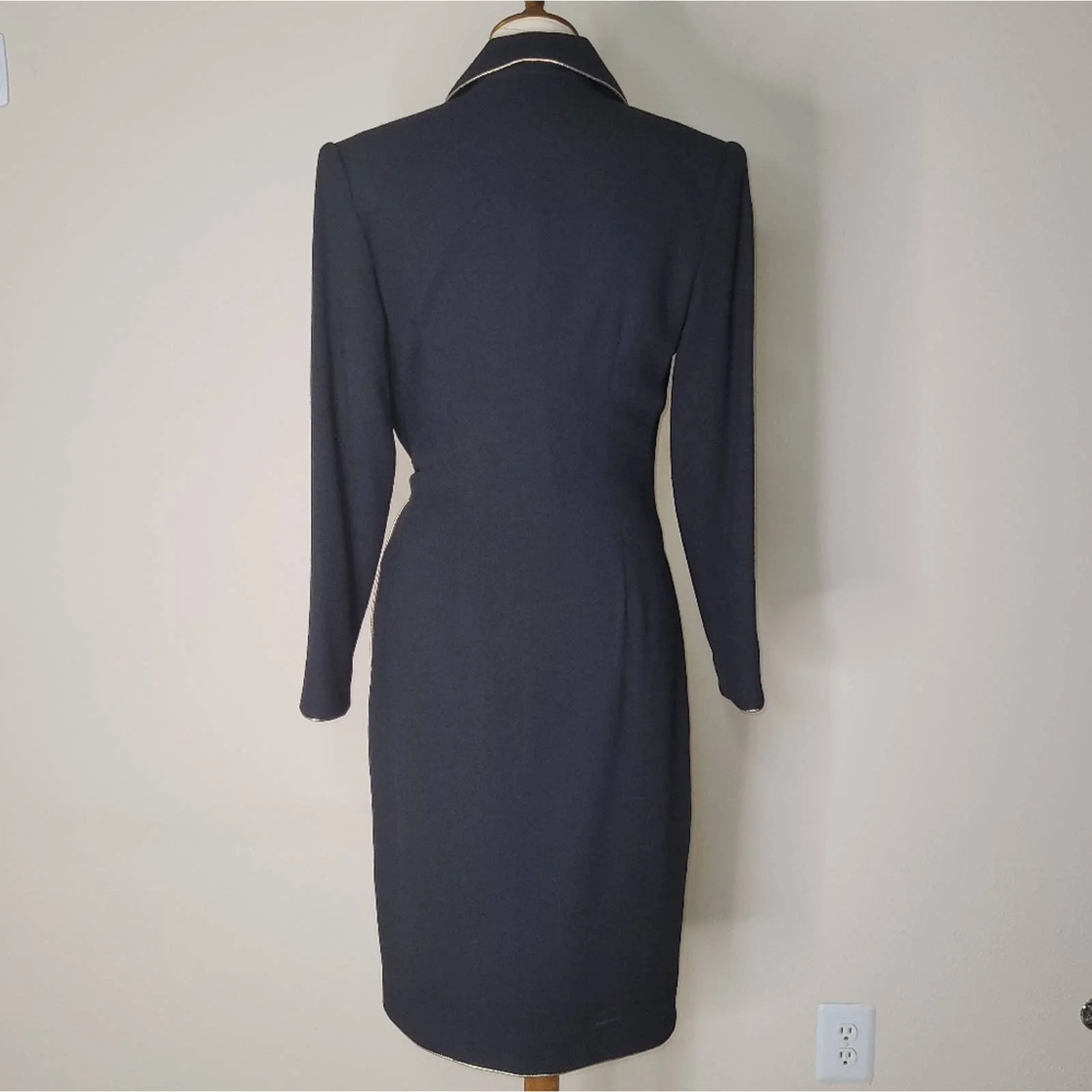 Black Wool Belted Wrap Dress with Gold Metallic Trim by Lillie Rubin by Lillie Rubin - Image 2