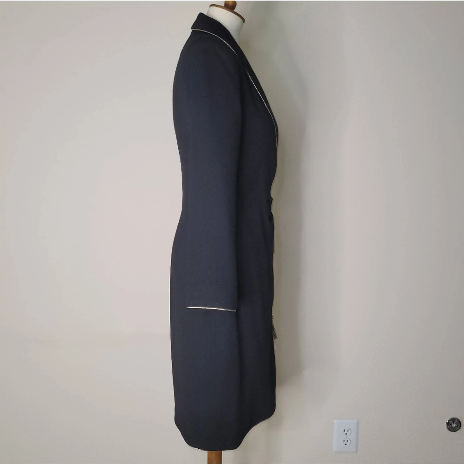 Black Wool Belted Wrap Dress with Gold Metallic Trim by Lillie Rubin by Lillie Rubin - Image 3