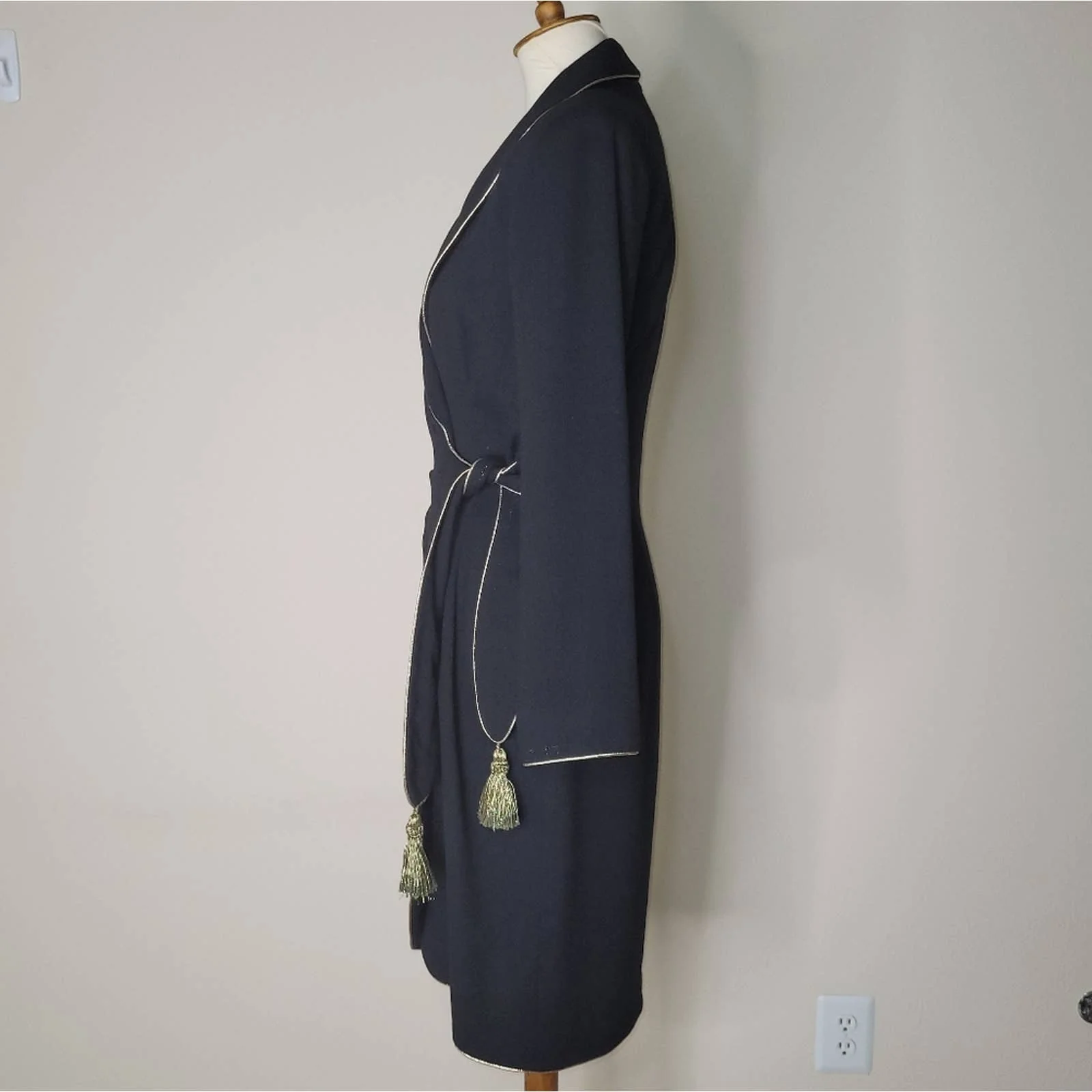 Black Wool Belted Wrap Dress with Gold Metallic Trim by Lillie Rubin by Lillie Rubin - Image 4