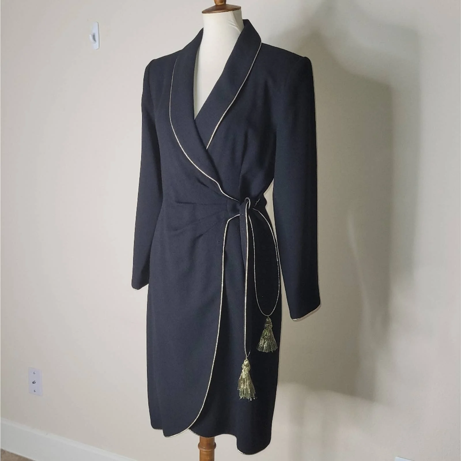 Black Wool Belted Wrap Dress with Gold Metallic Trim by Lillie Rubin by Lillie Rubin - Image 5