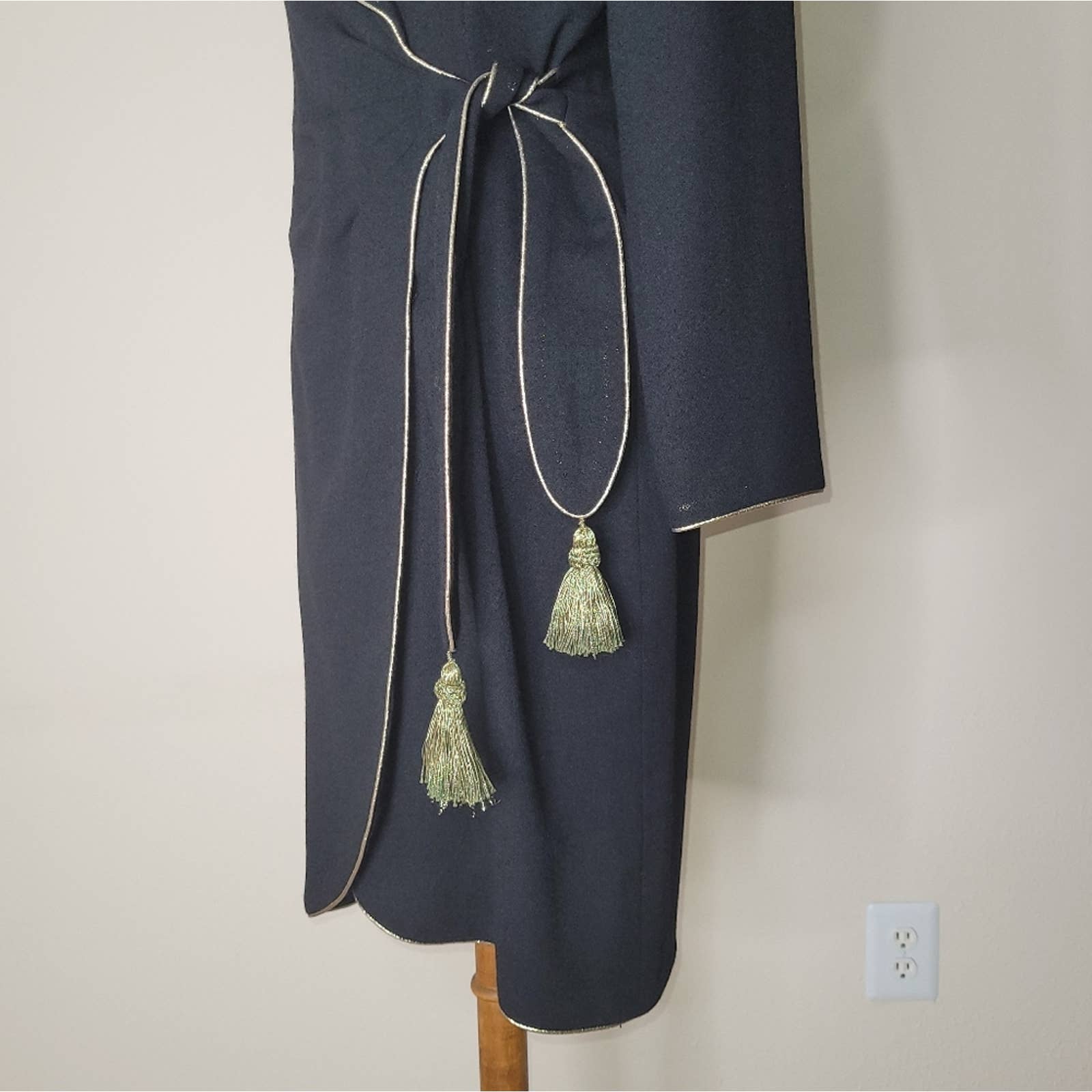 Black Wool Belted Wrap Dress with Gold Metallic Trim by Lillie Rubin by Lillie Rubin - Image 7