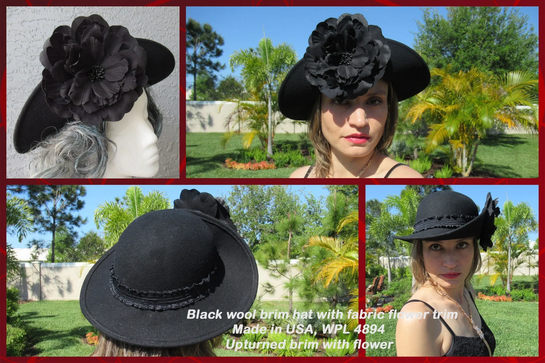 Black Wool Brim Hat with Fabric Flower Trim Upturned Brim with Flower Versatile Classic - Image 3