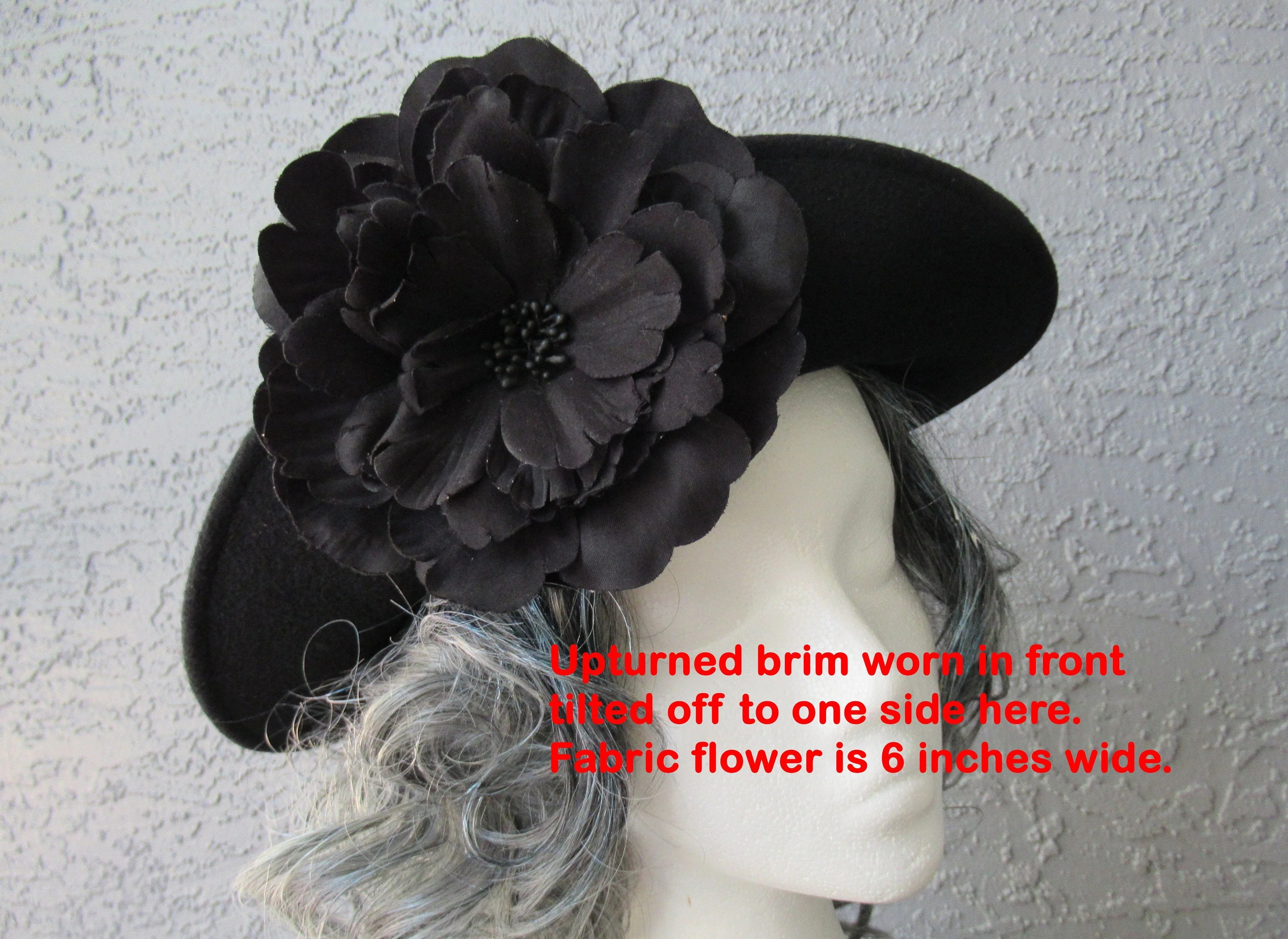 Black Wool Brim Hat with Fabric Flower Trim Upturned Brim with Flower Versatile Classic - Image 7