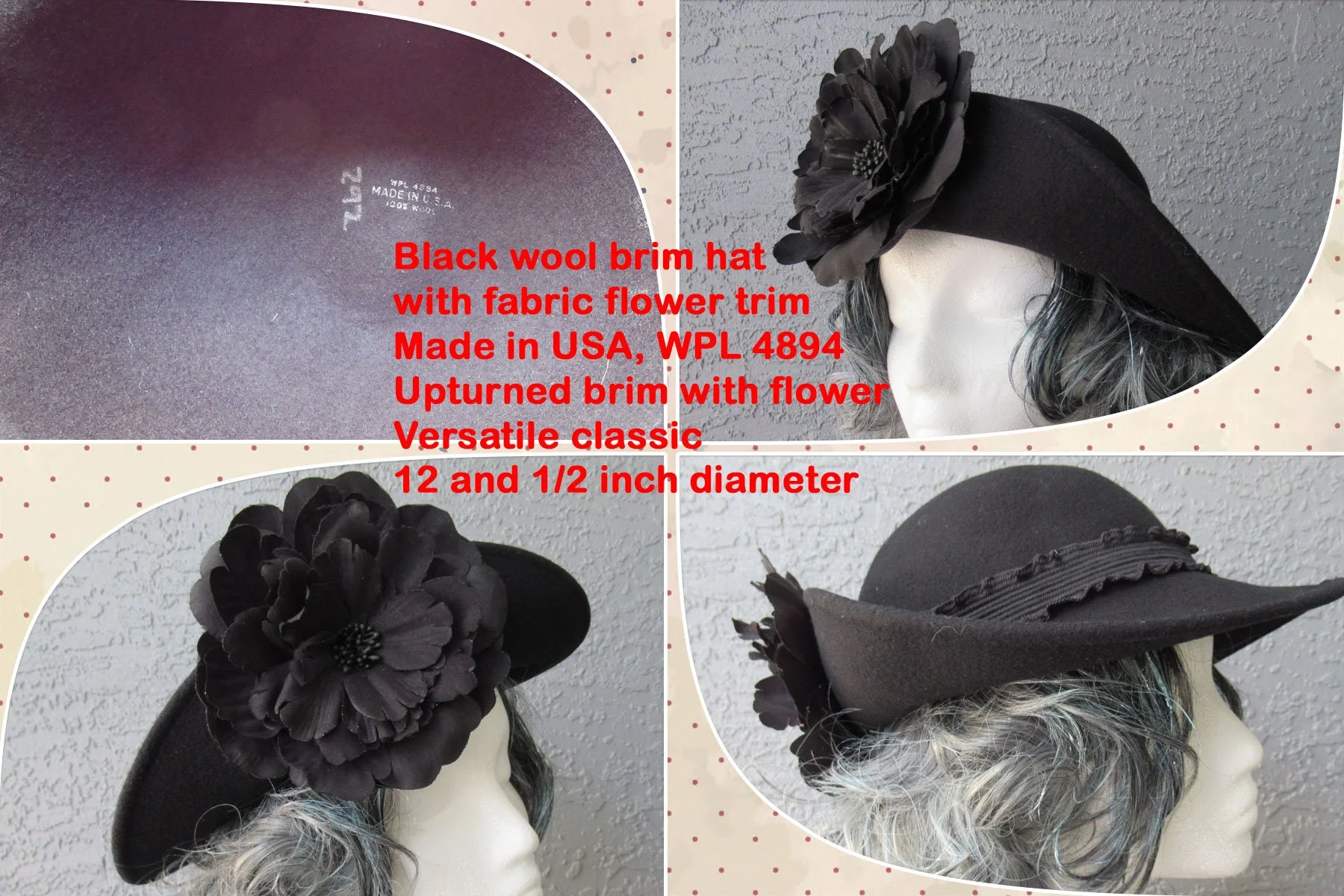 Black Wool Brim Hat with Fabric Flower Trim Upturned Brim with Flower Versatile Classic - Image 8
