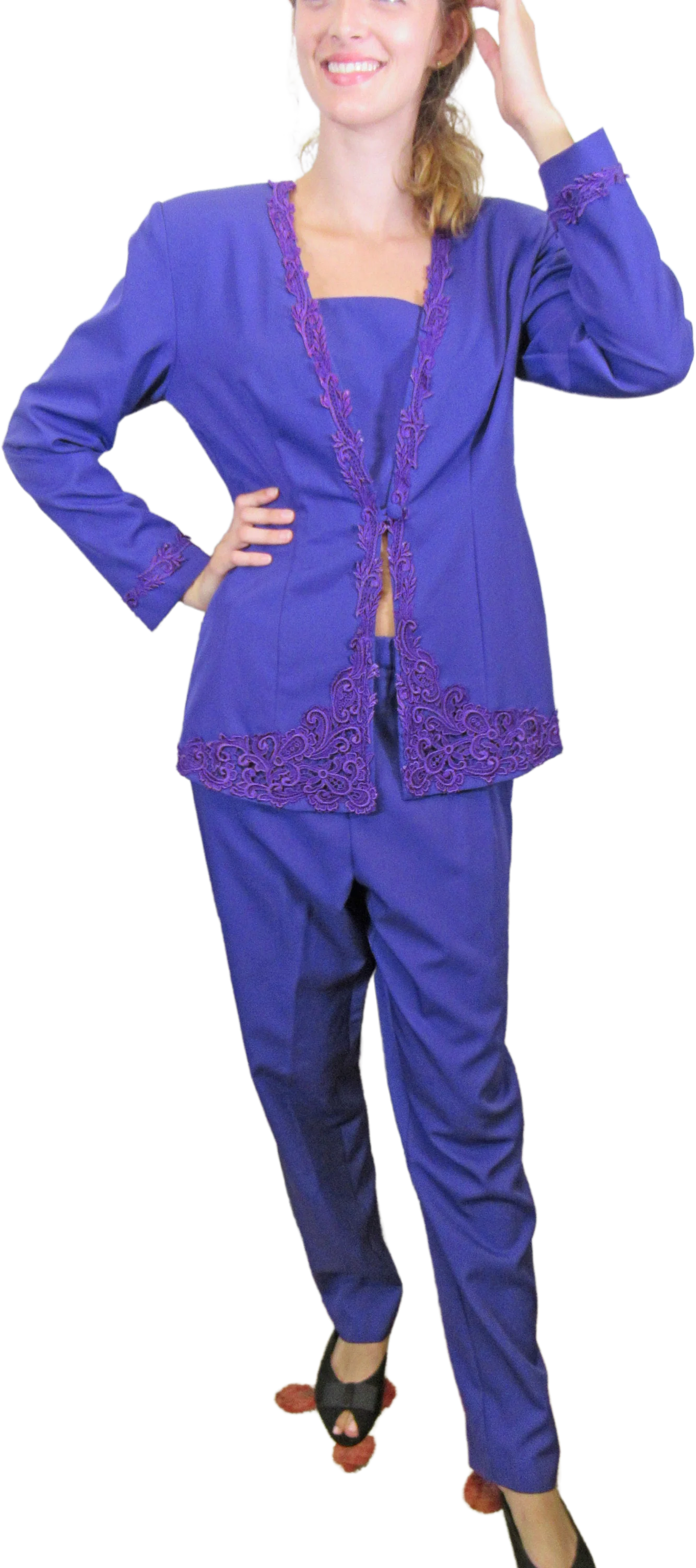 Blazer and Pants Set R and M Richards Karen Kwong Purple Polyester Elastic Pant Front Button Deep V Jabot Vintage by R & M Richards