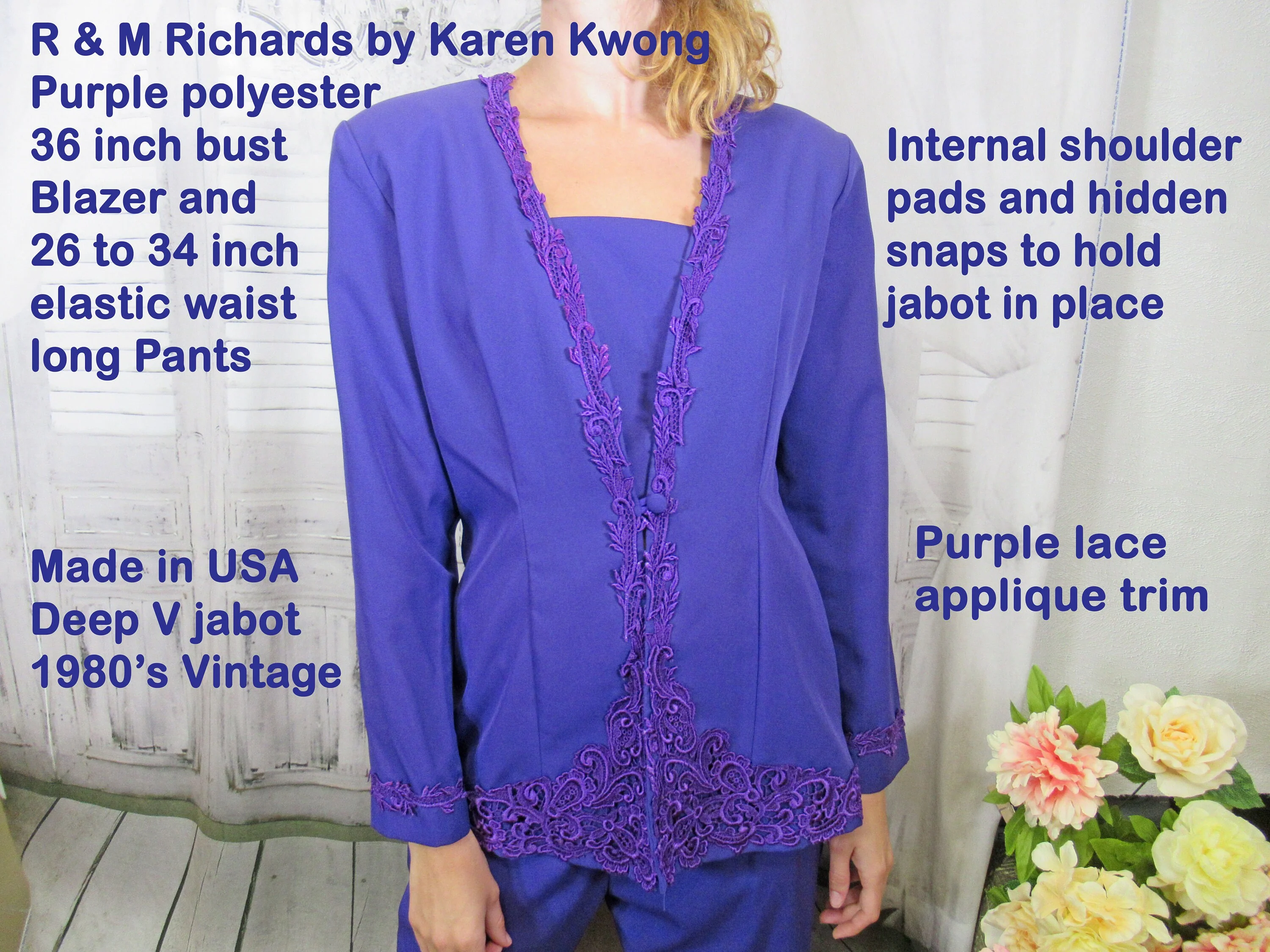 Blazer and Pants Set R and M Richards Karen Kwong Purple Polyester Elastic Pant Front Button Deep V Jabot Vintage by R & M Richards - Image 3