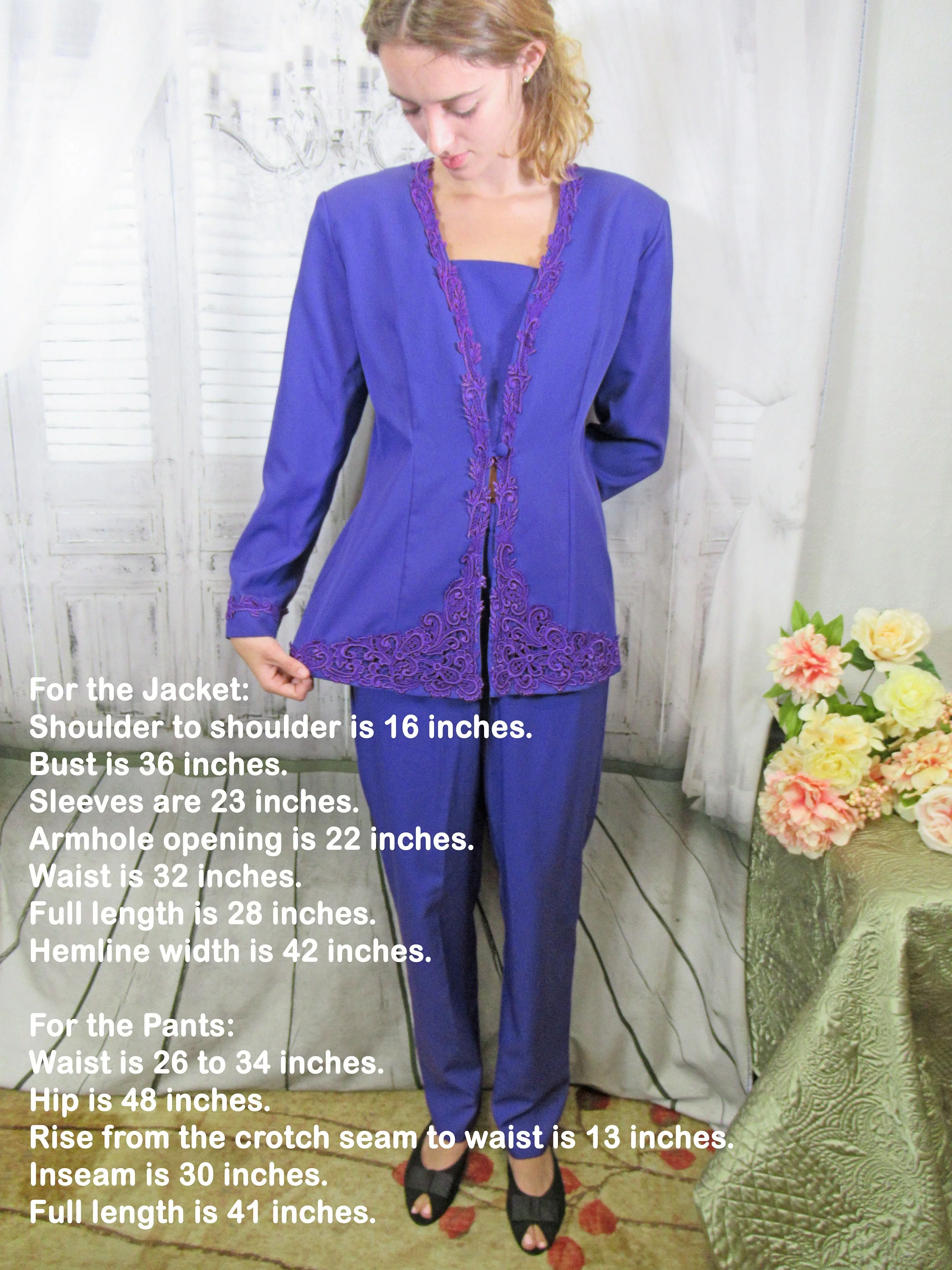 Blazer and Pants Set R and M Richards Karen Kwong Purple Polyester Elastic Pant Front Button Deep V Jabot Vintage by R & M Richards - Image 4