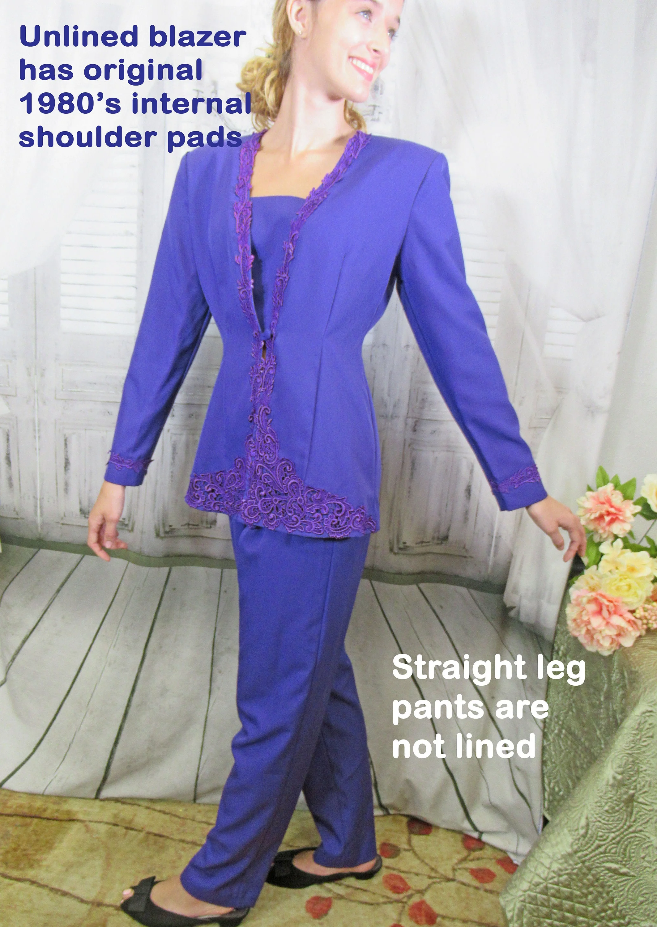 Blazer and Pants Set R and M Richards Karen Kwong Purple Polyester Elastic Pant Front Button Deep V Jabot Vintage by R & M Richards - Image 6