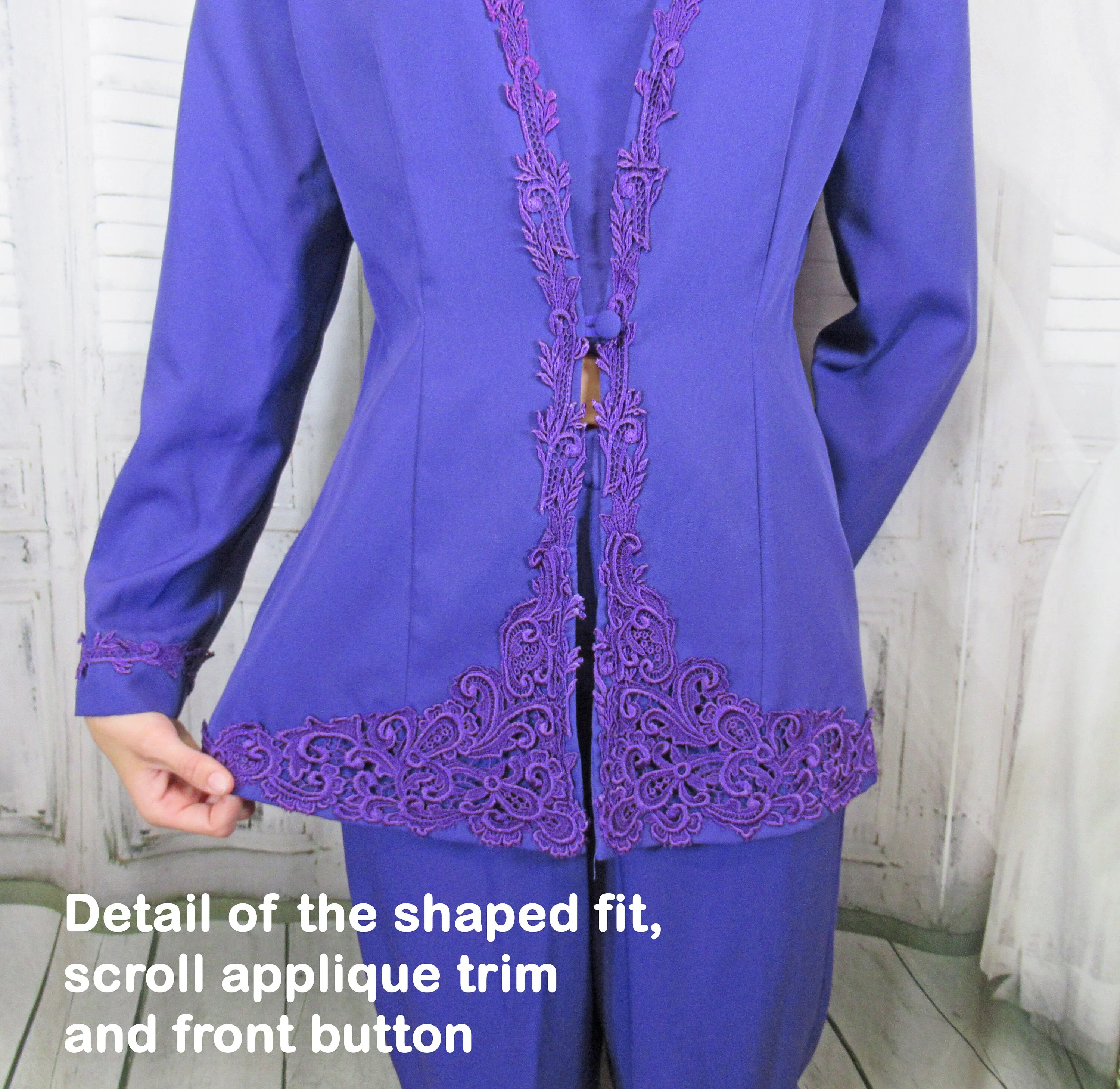 Blazer and Pants Set R and M Richards Karen Kwong Purple Polyester Elastic Pant Front Button Deep V Jabot Vintage by R & M Richards - Image 7