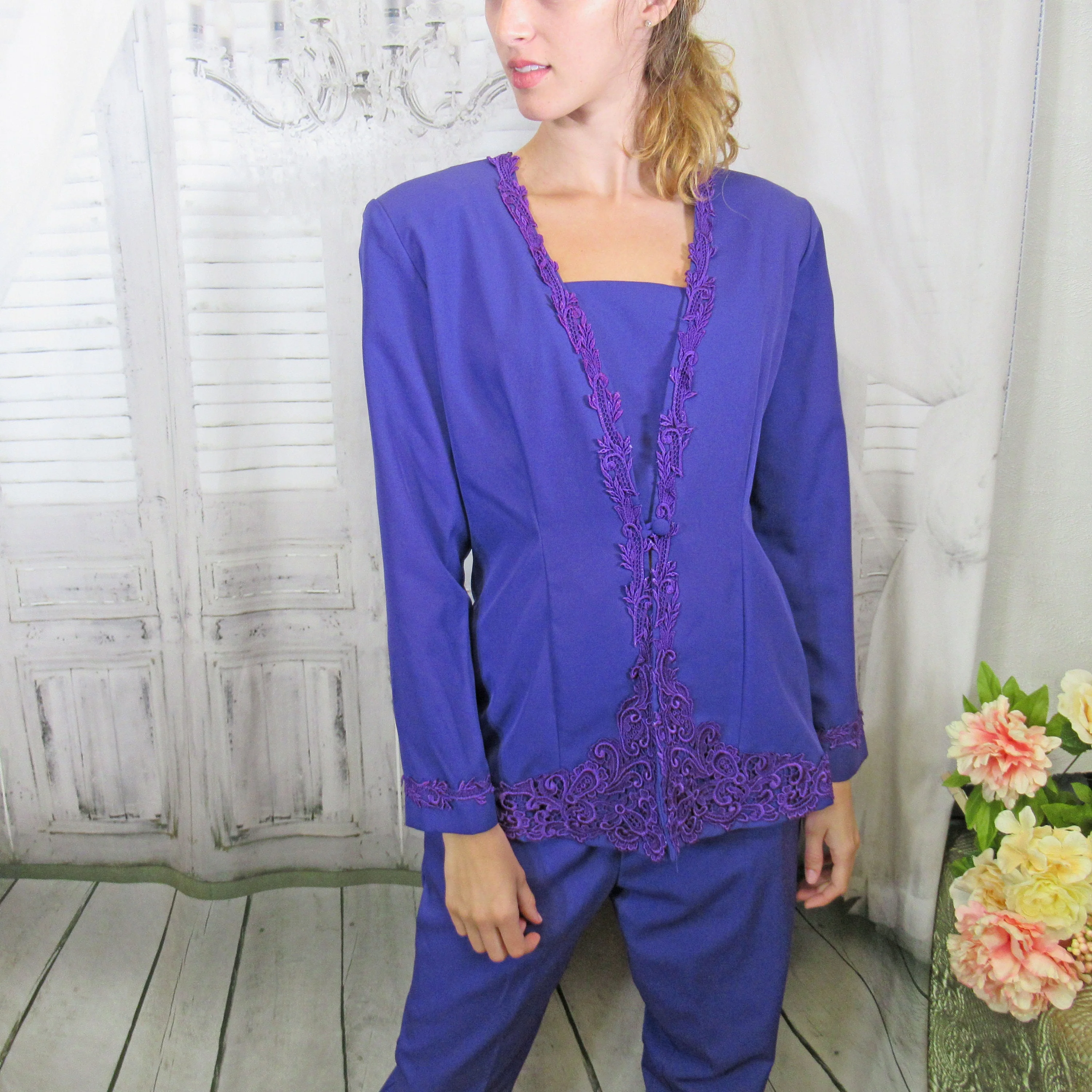Blazer and Pants Set R and M Richards Karen Kwong Purple Polyester Elastic Pant Front Button Deep V Jabot Vintage by R & M Richards - Image 8