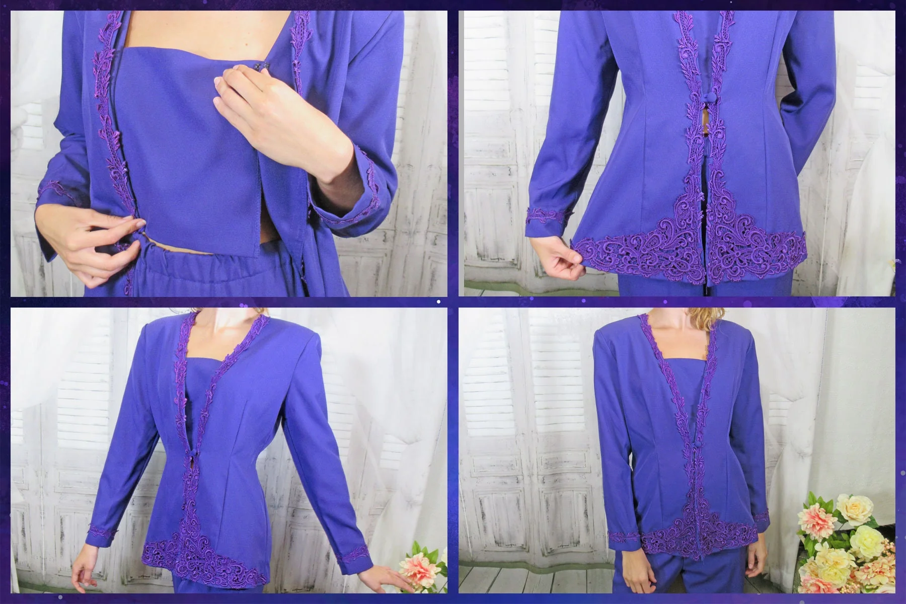 Blazer and Pants Set R and M Richards Karen Kwong Purple Polyester Elastic Pant Front Button Deep V Jabot Vintage by R & M Richards - Image 9