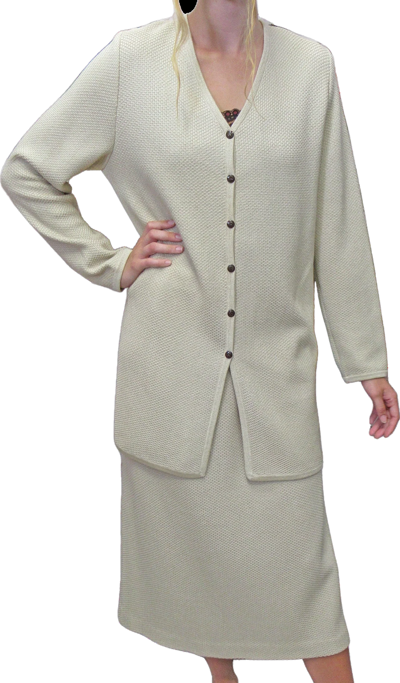 Blazer and Skirt Set Beige St John Knit Collection Marie Gray Tunic Length Button Front V-Neck Blazer Slim Skirt Made Usa by St John