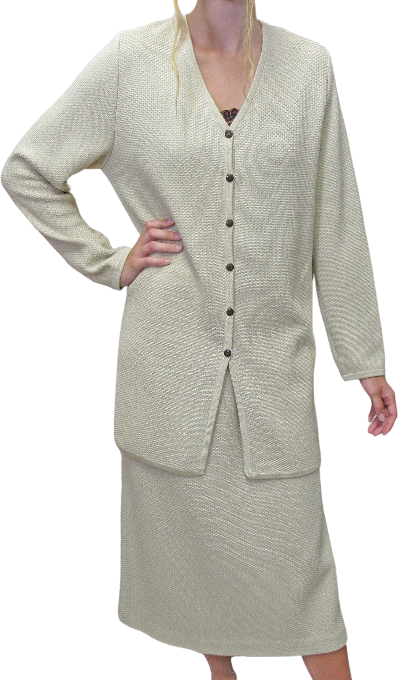 Blazer and Skirt Set Beige St John Knit Collection Marie Gray Tunic Length Button Front V-Neck Blazer Slim Skirt Made Usa by St John - Image 2