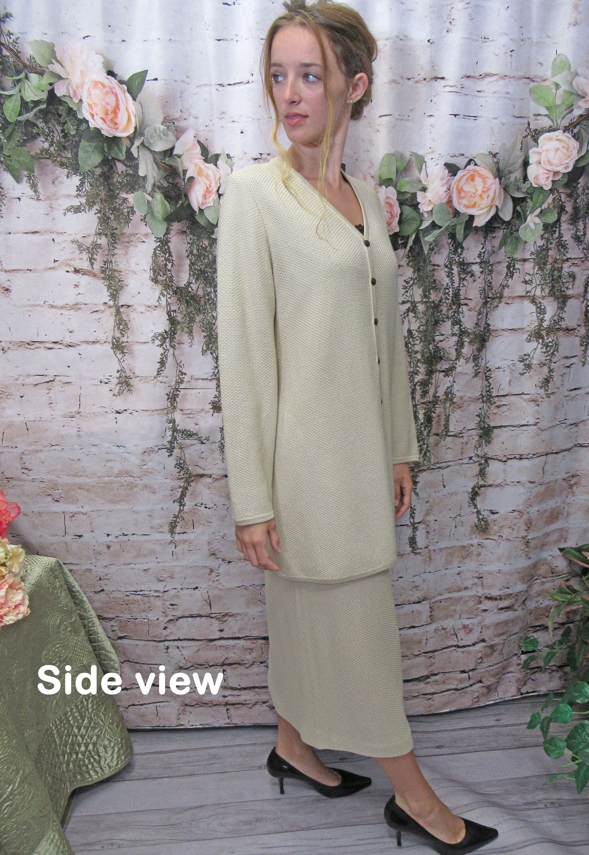 Blazer and Skirt Set Beige St John Knit Collection Marie Gray Tunic Length Button Front V-Neck Blazer Slim Skirt Made Usa by St John - Image 3