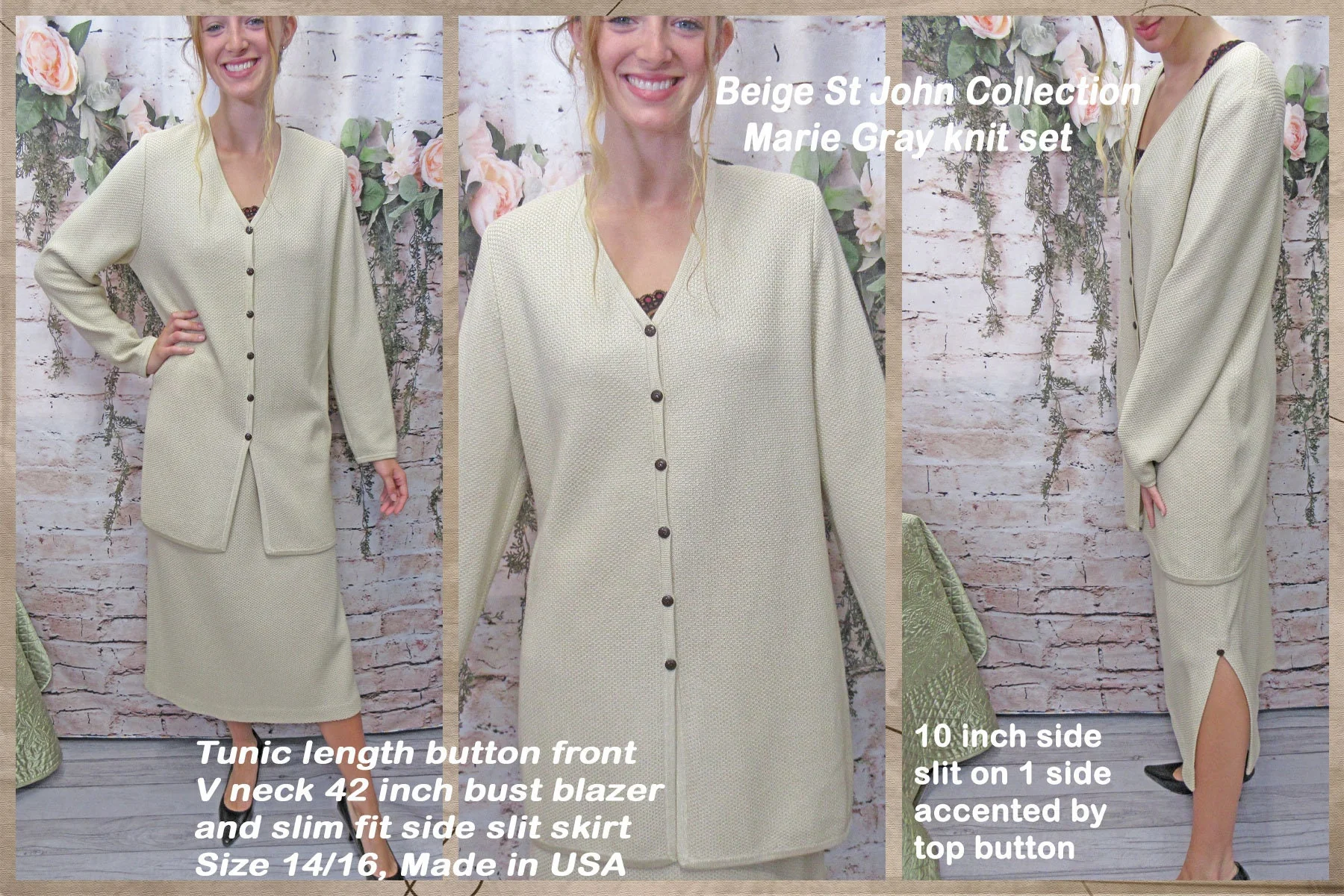 Blazer and Skirt Set Beige St John Knit Collection Marie Gray Tunic Length Button Front V-Neck Blazer Slim Skirt Made Usa by St John - Image 4