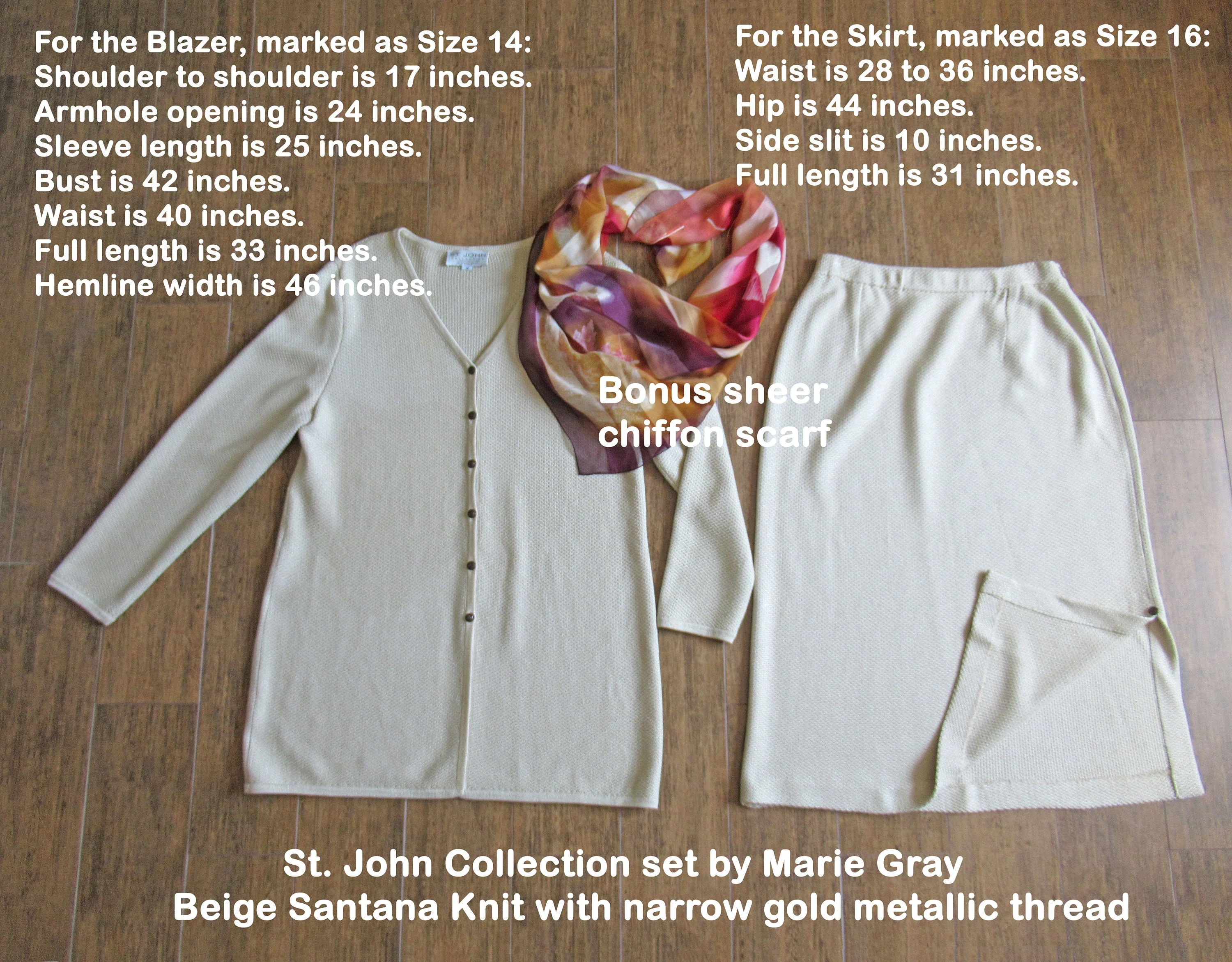 Blazer and Skirt Set Beige St John Knit Collection Marie Gray Tunic Length Button Front V-Neck Blazer Slim Skirt Made Usa by St John - Image 6