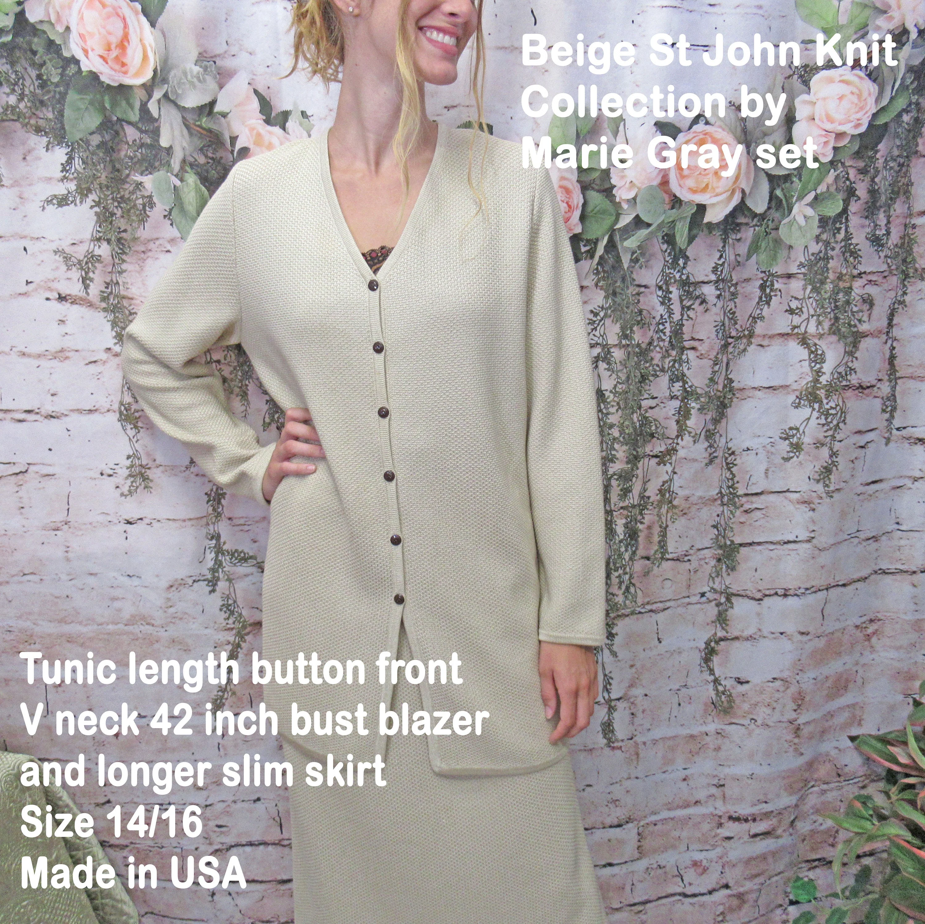 Blazer and Skirt Set Beige St John Knit Collection Marie Gray Tunic Length Button Front V-Neck Blazer Slim Skirt Made Usa by St John - Image 7