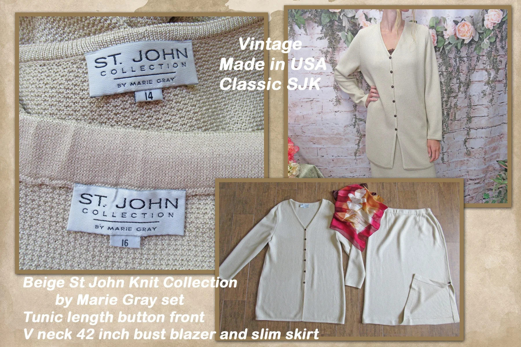 Blazer and Skirt Set Beige St John Knit Collection Marie Gray Tunic Length Button Front V-Neck Blazer Slim Skirt Made Usa by St John - Image 8