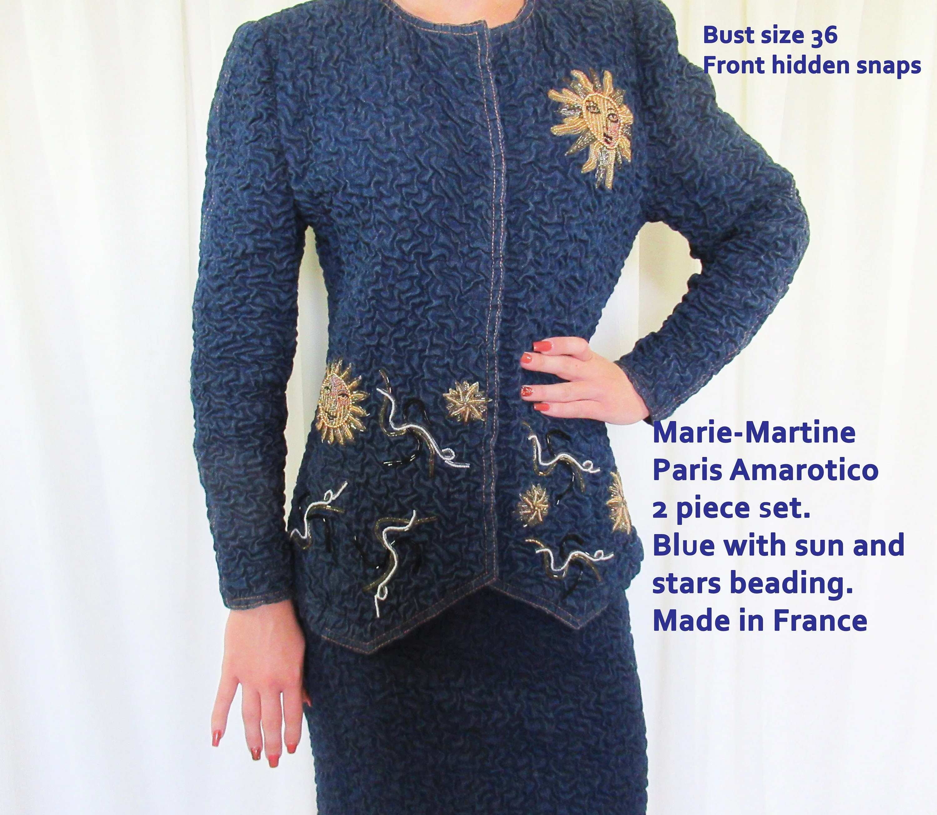 Blazer and Skirt Set Marie Martine Paris Amarotico Blue Sun Stars Beading Made In France Euro Stunning Design Vintage Set by Marie Martine - Image 3