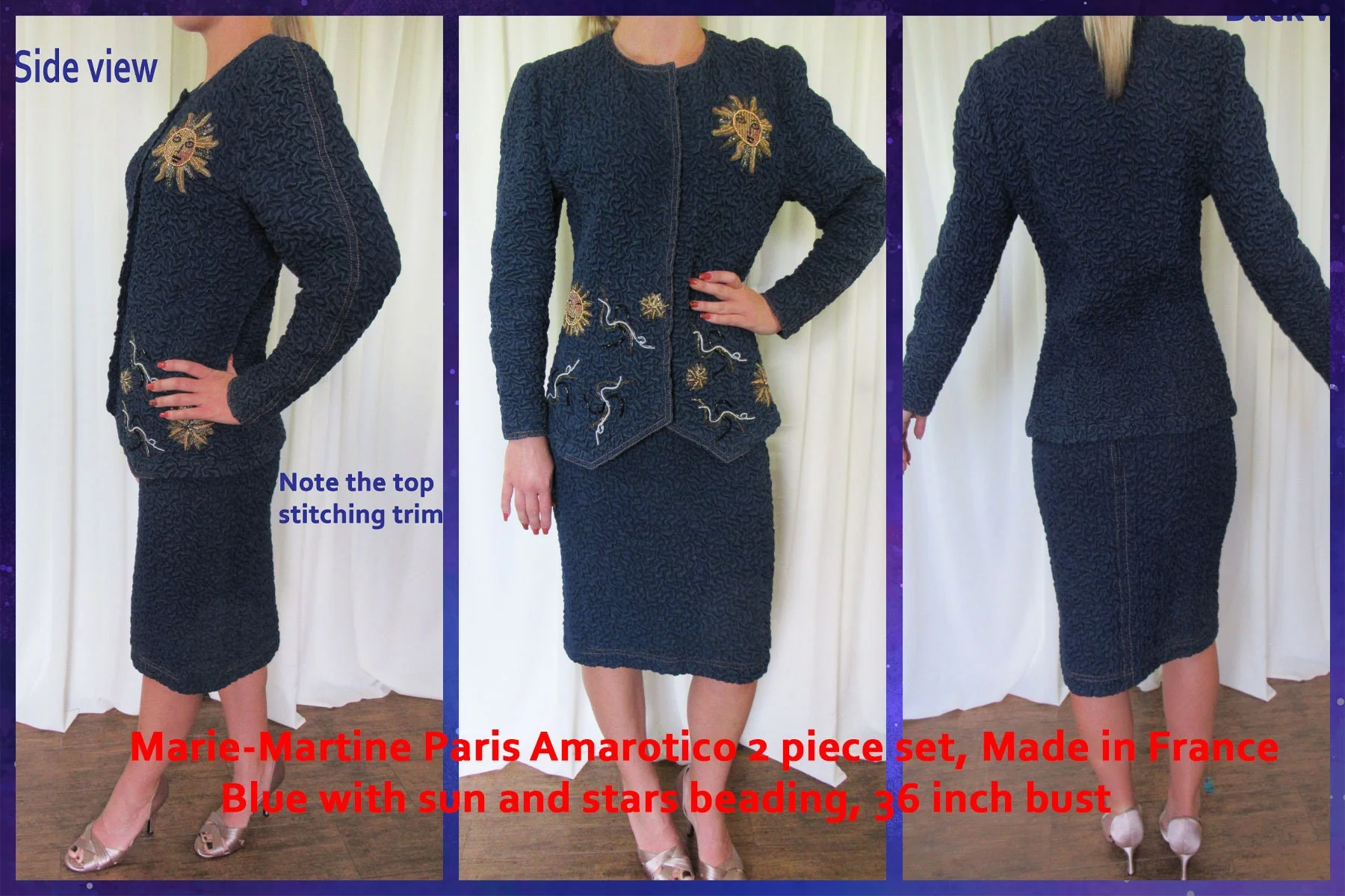 Blazer and Skirt Set Marie Martine Paris Amarotico Blue Sun Stars Beading Made In France Euro Stunning Design Vintage Set by Marie Martine - Image 4
