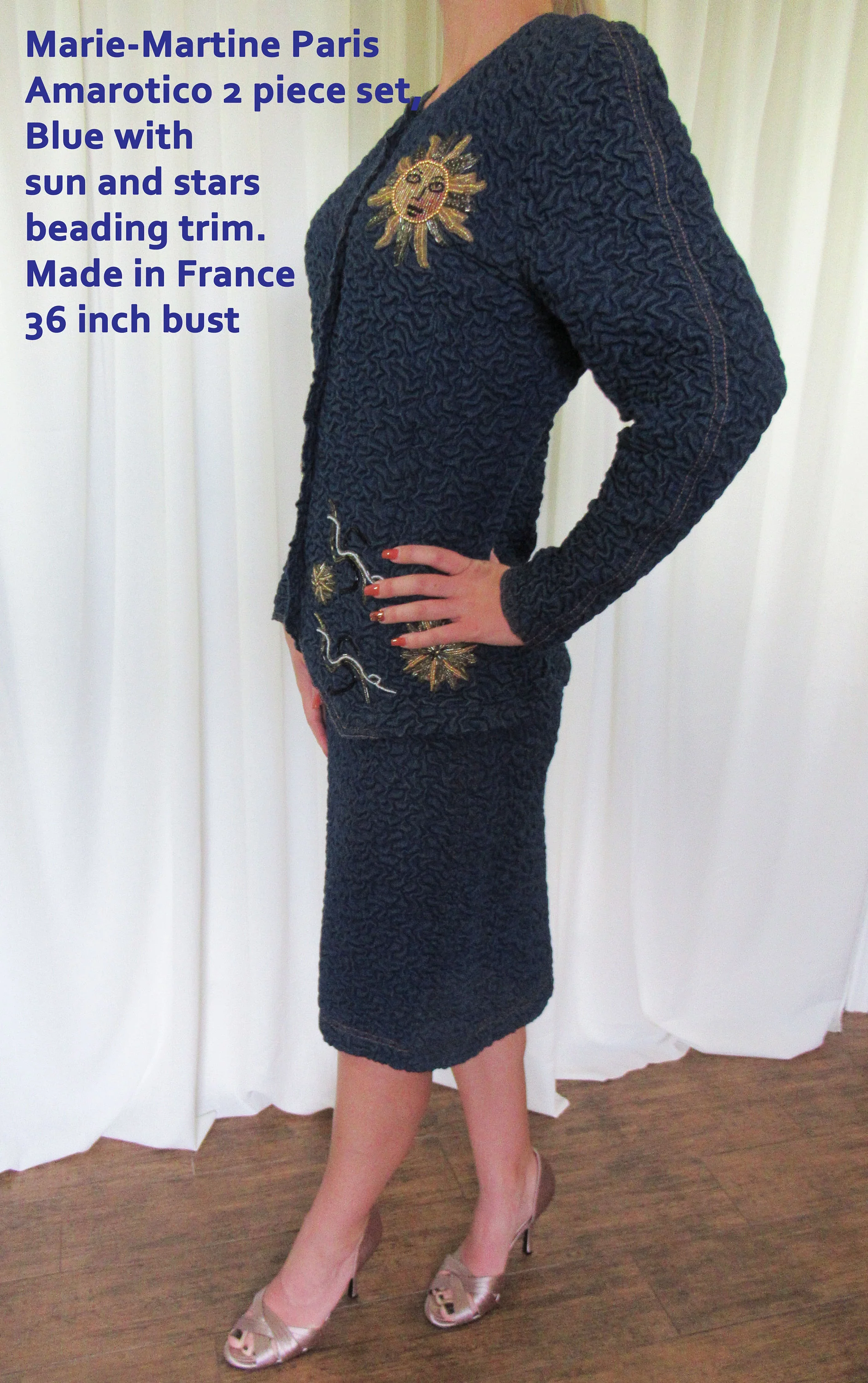 Blazer and Skirt Set Marie Martine Paris Amarotico Blue Sun Stars Beading Made In France Euro Stunning Design Vintage Set by Marie Martine - Image 5
