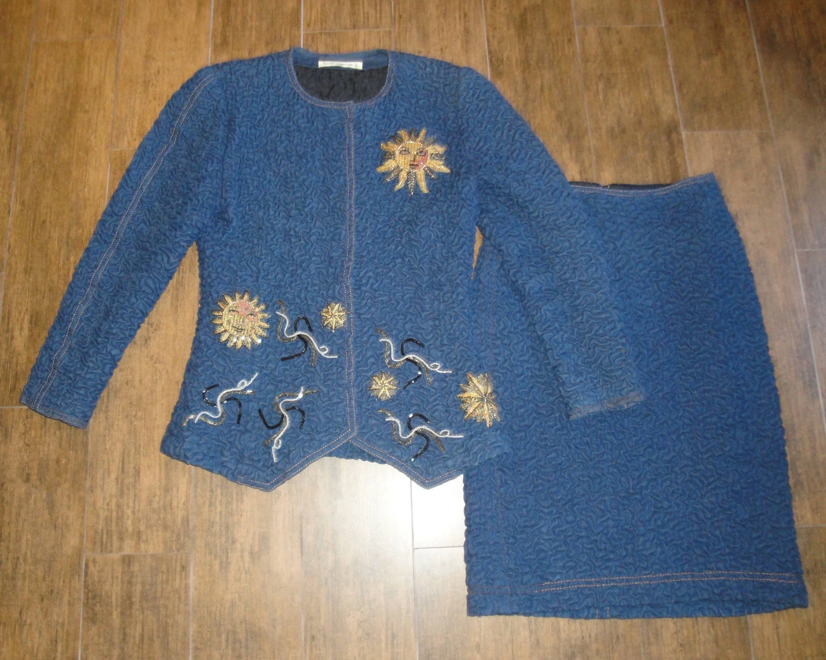Blazer and Skirt Set Marie Martine Paris Amarotico Blue Sun Stars Beading Made In France Euro Stunning Design Vintage Set by Marie Martine - Image 6