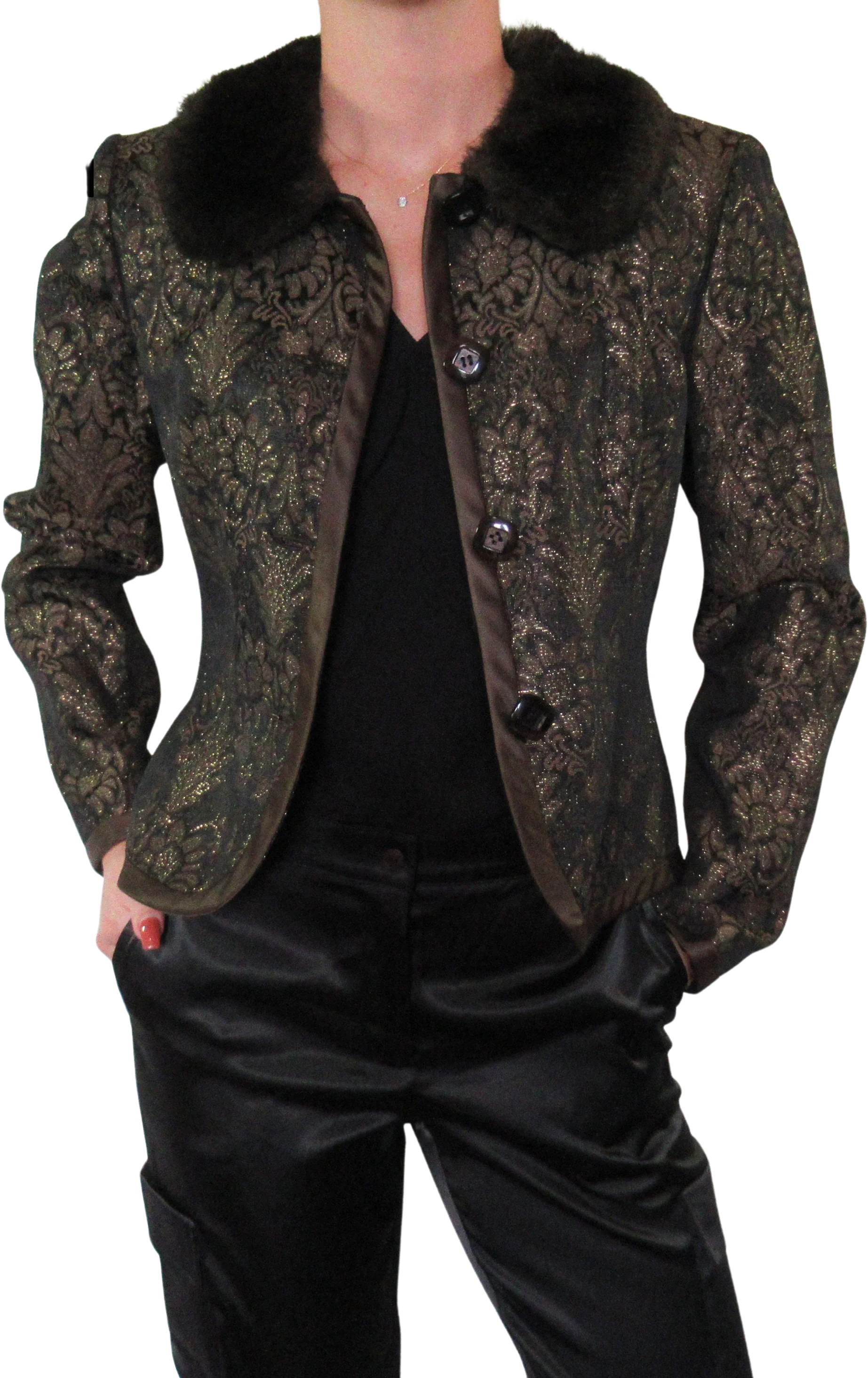 Blazer Enrico Baldini Metallic Print W Faux Fur Collar Long Sleeves 6 Front Buttons Metallic Floral Design by Enrico Baldini