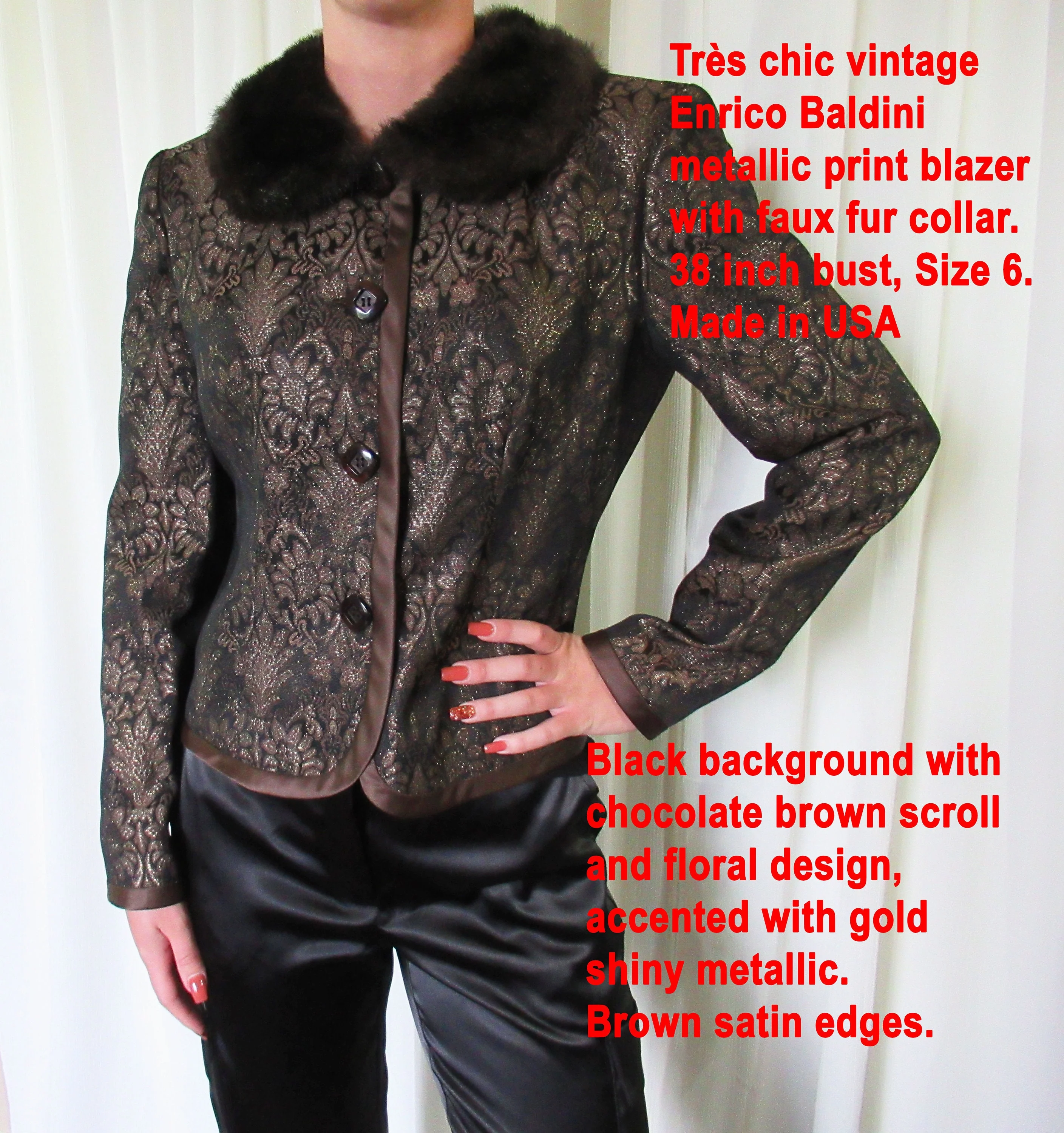 Blazer Enrico Baldini Metallic Print W Faux Fur Collar Long Sleeves 6 Front Buttons Metallic Floral Design by Enrico Baldini - Image 2