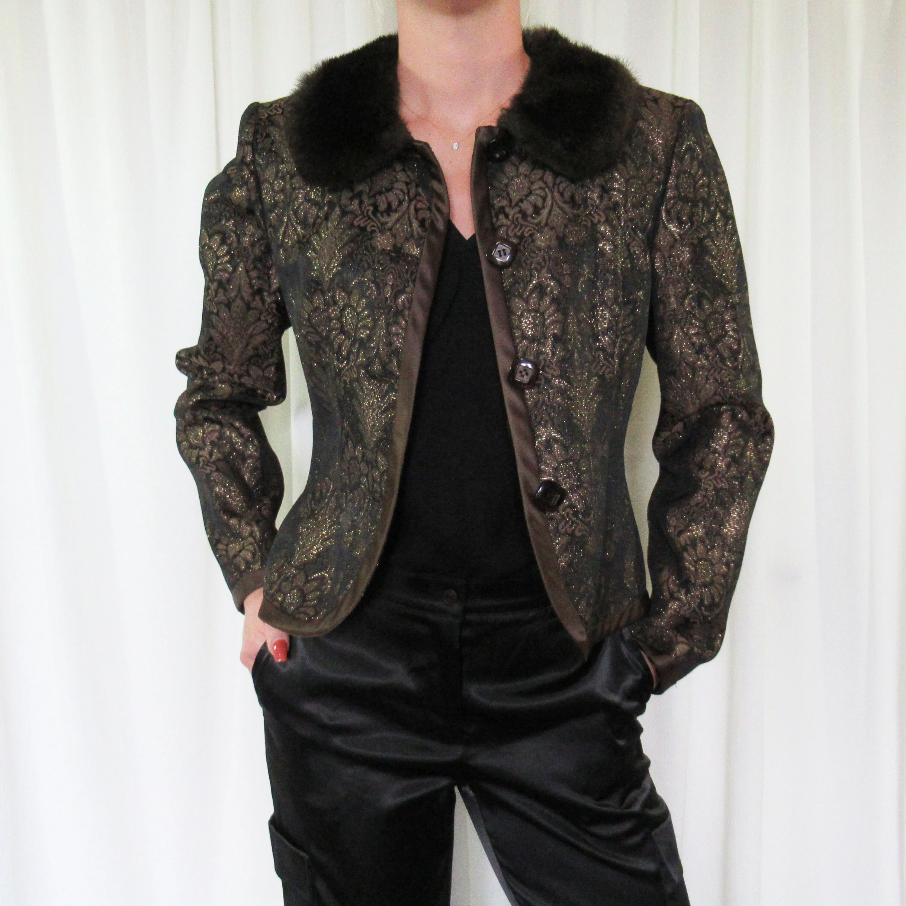 Blazer Enrico Baldini Metallic Print W Faux Fur Collar Long Sleeves 6 Front Buttons Metallic Floral Design by Enrico Baldini - Image 8