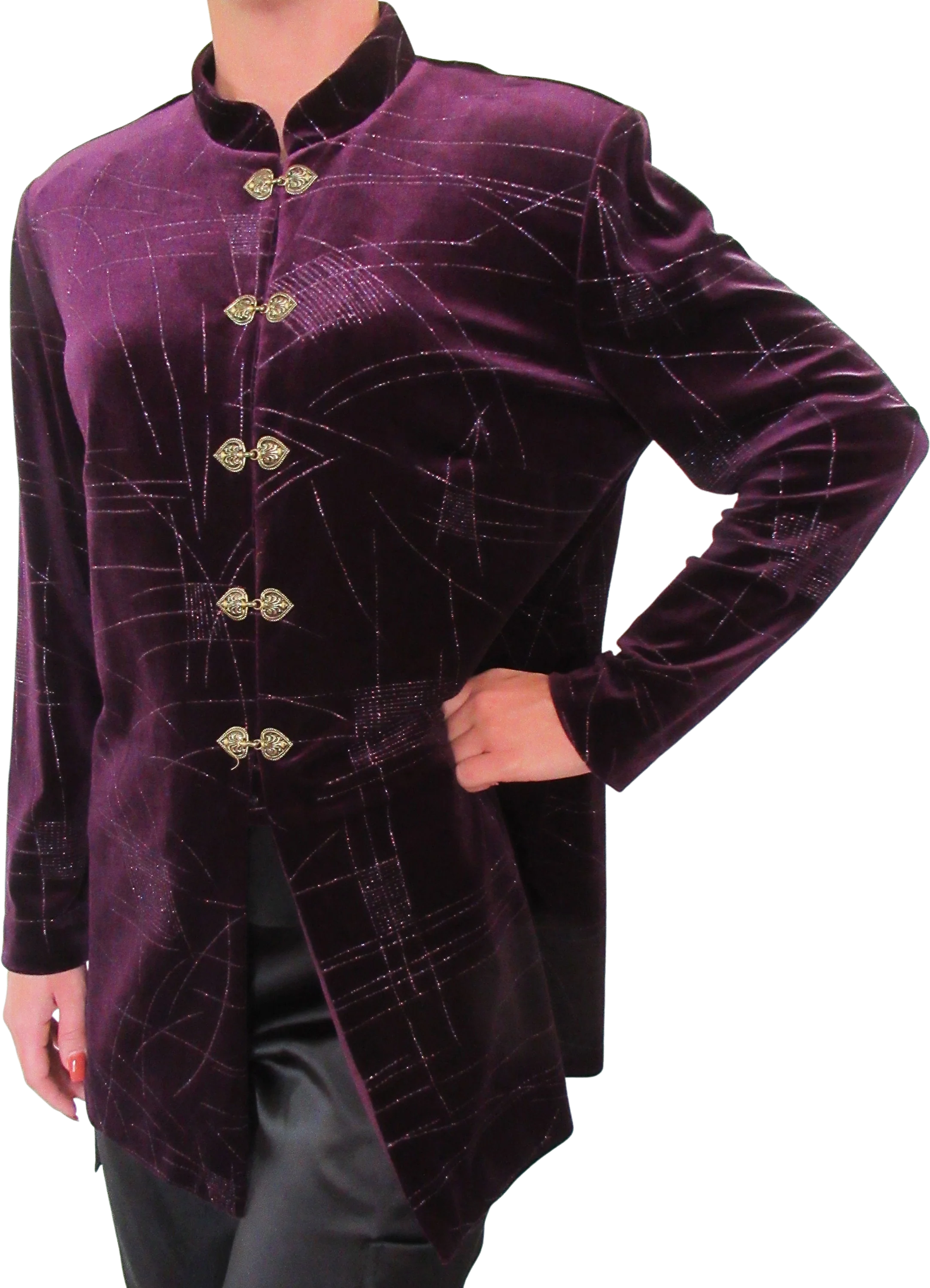 Blazer W Metallic Accents R and M Richards by Karen Kwong Purple Velvet Polyesterspandex Front Metal Hooks by R & M Richards