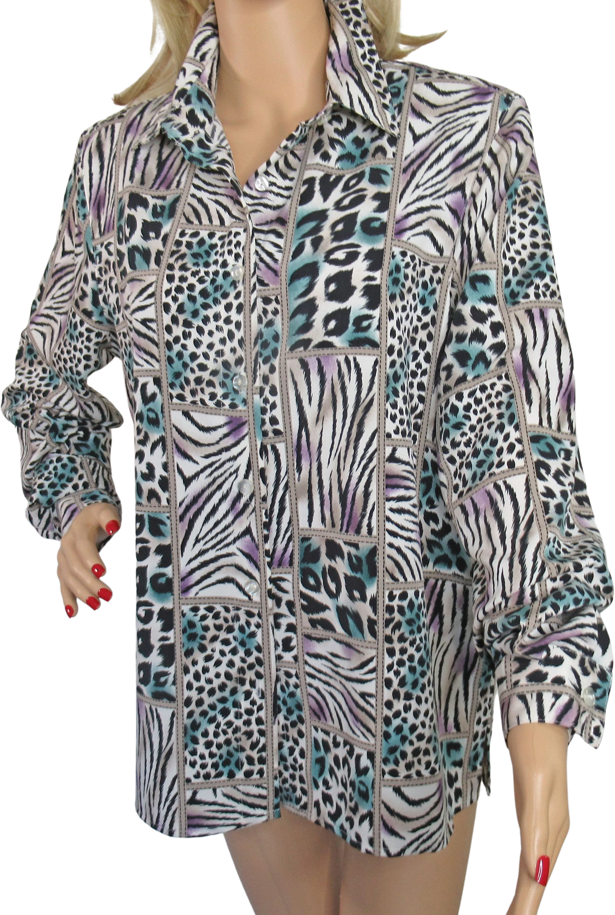 Blouse Alfred Dunner Polyester Print Front Button Long Sleeve Collar Animal Print Block Design Cream Black Teal Vintage by Alfred Dunner