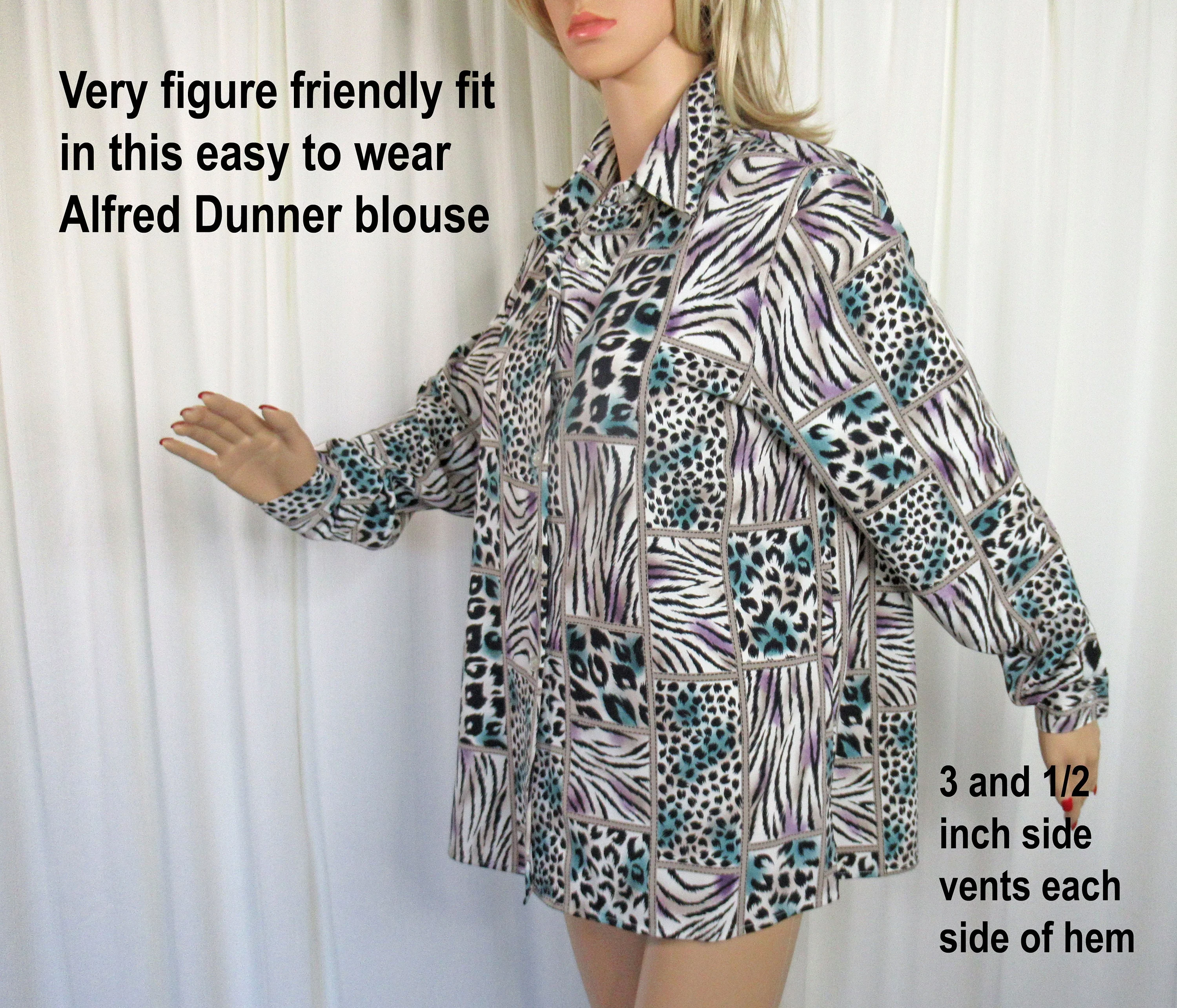 Blouse Alfred Dunner Polyester Print Front Button Long Sleeve Collar Animal Print Block Design Cream Black Teal Vintage by Alfred Dunner - Image 6