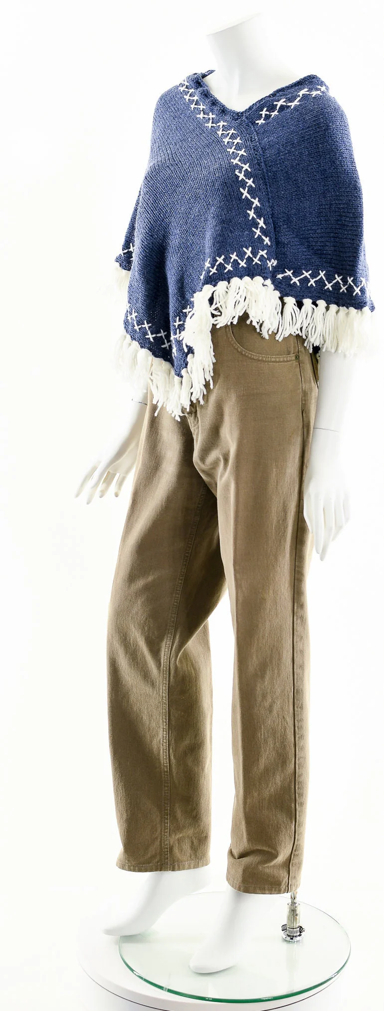 Blue and White Tassel Crochet Knit Poncho Coat - Image 10