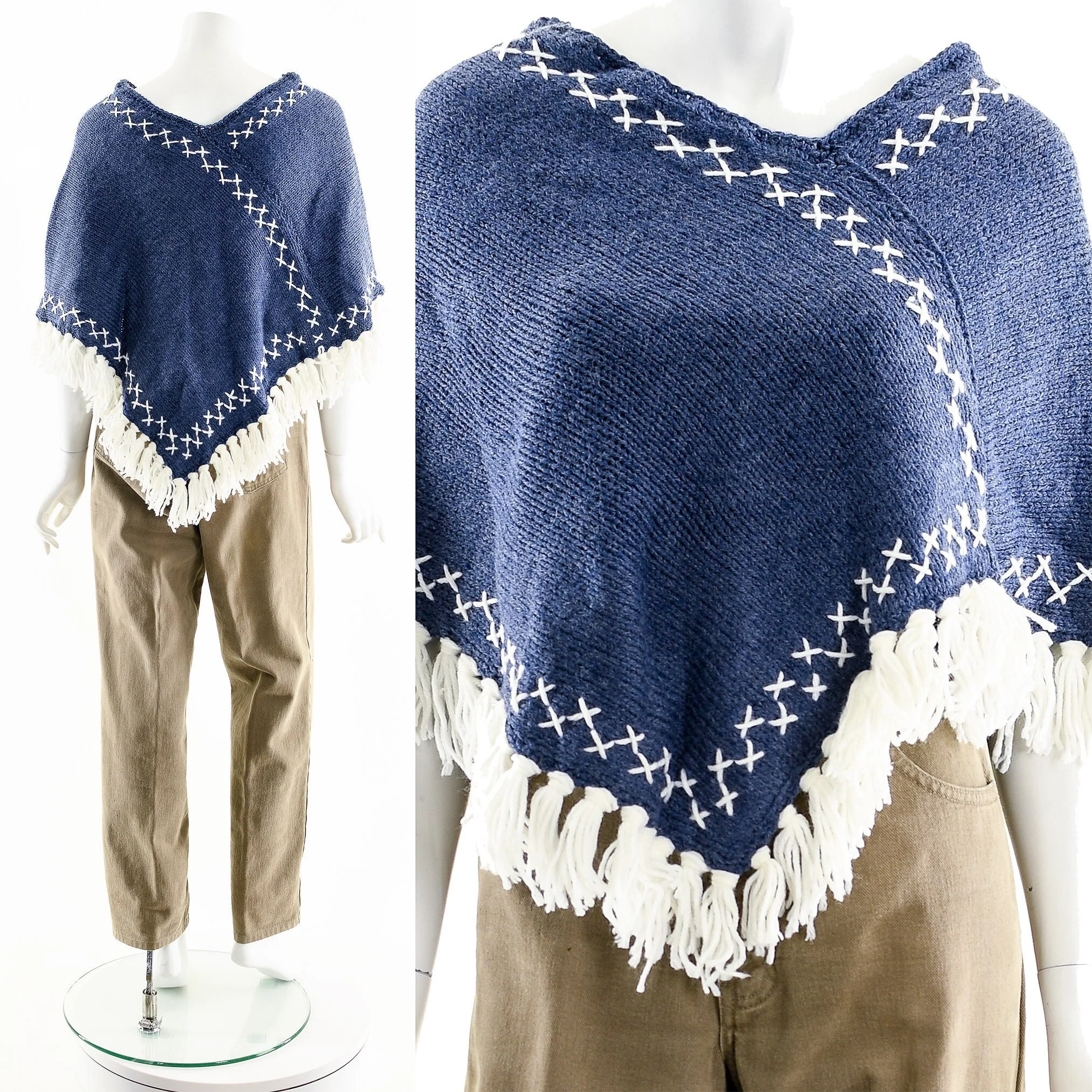 Blue and White Tassel Crochet Knit Poncho Coat - Image 2