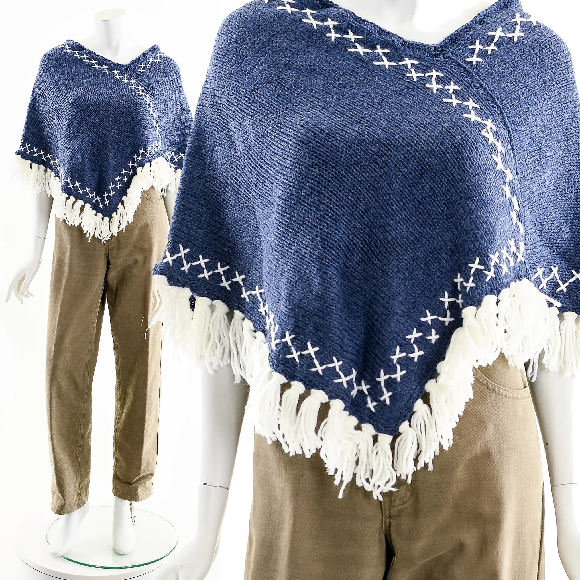 Blue and White Tassel Crochet Knit Poncho Coat - Image 3