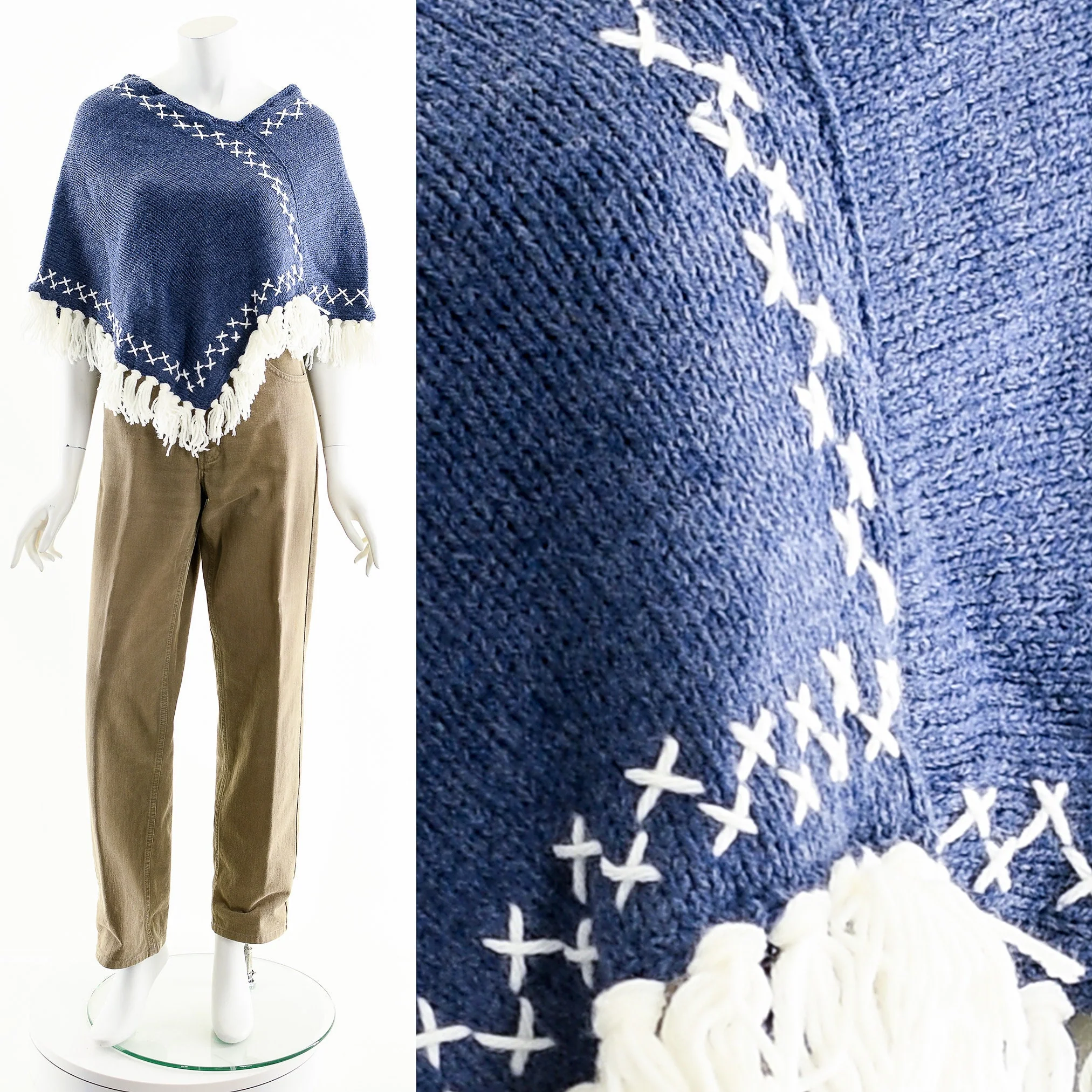 Blue and White Tassel Crochet Knit Poncho Coat - Image 4