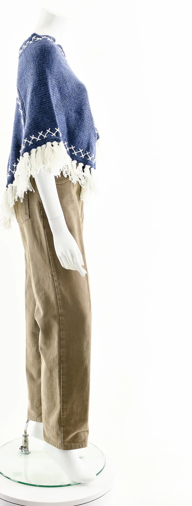 Blue and White Tassel Crochet Knit Poncho Coat - Image 5