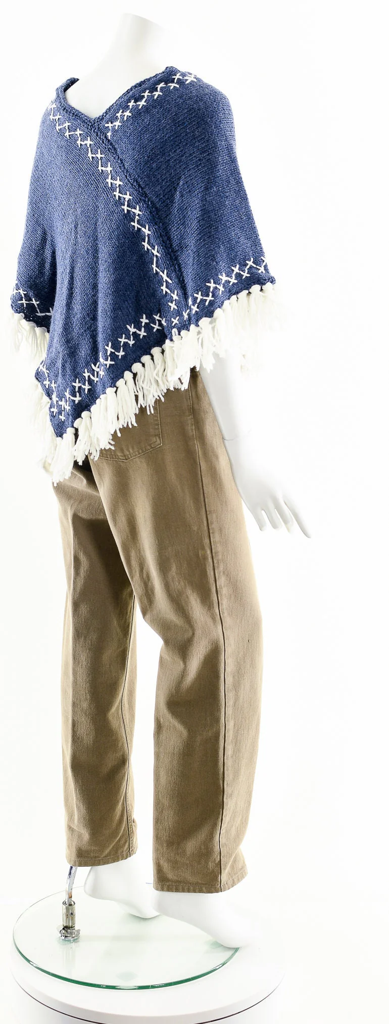 Blue and White Tassel Crochet Knit Poncho Coat - Image 6