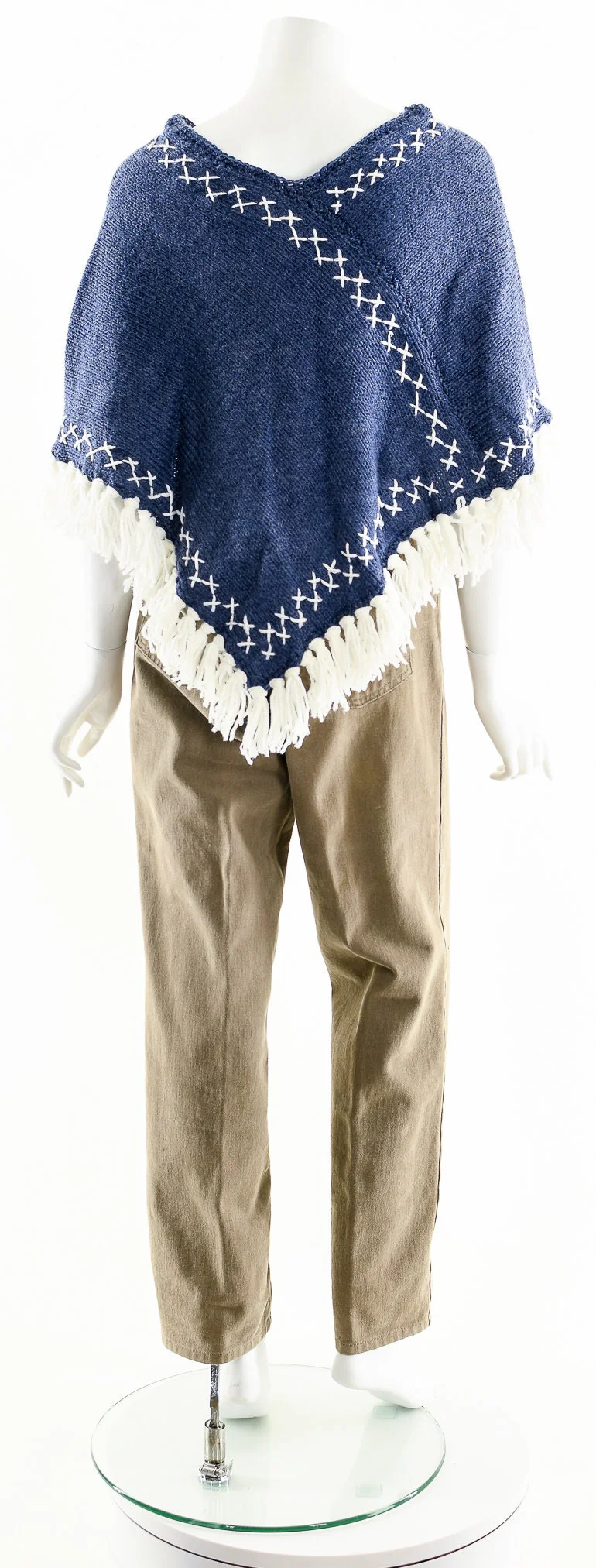 Blue and White Tassel Crochet Knit Poncho Coat - Image 7