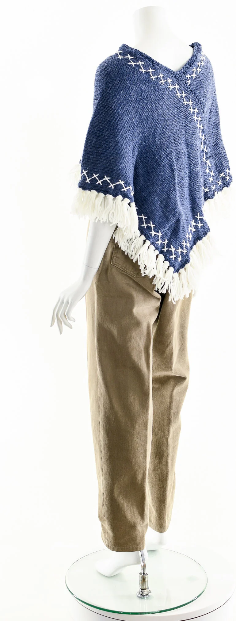 Blue and White Tassel Crochet Knit Poncho Coat - Image 8