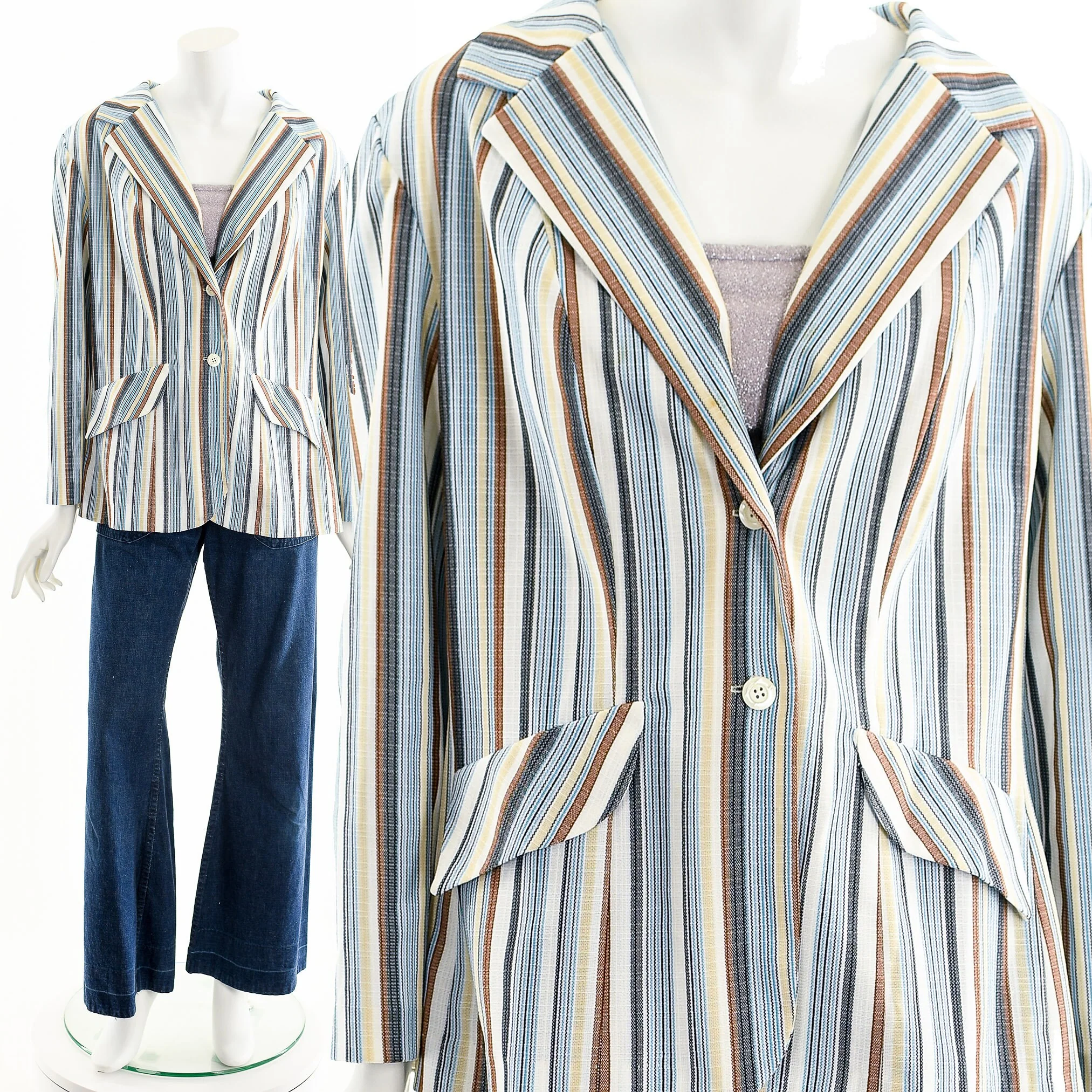 Blue Brown Striped Power Blazer Suit Jacket by Lady Ltd. - Image 3