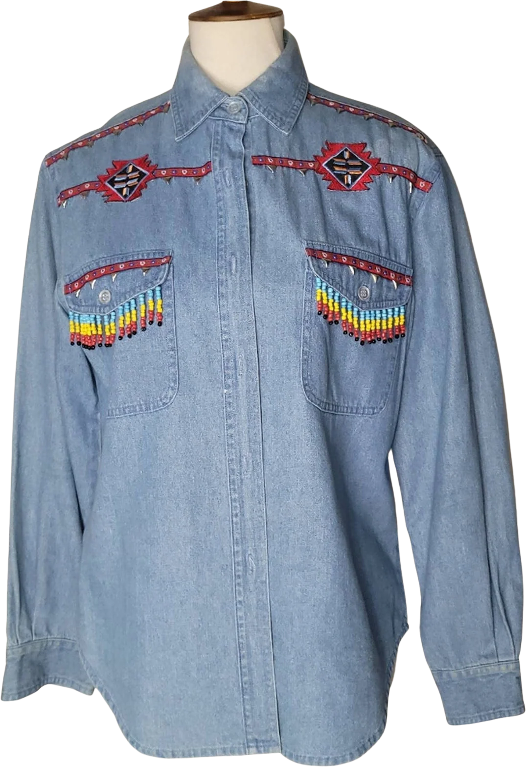 Blue Denim Long-Sleeved Collared Shirt with Beading Accents by Lew Magram