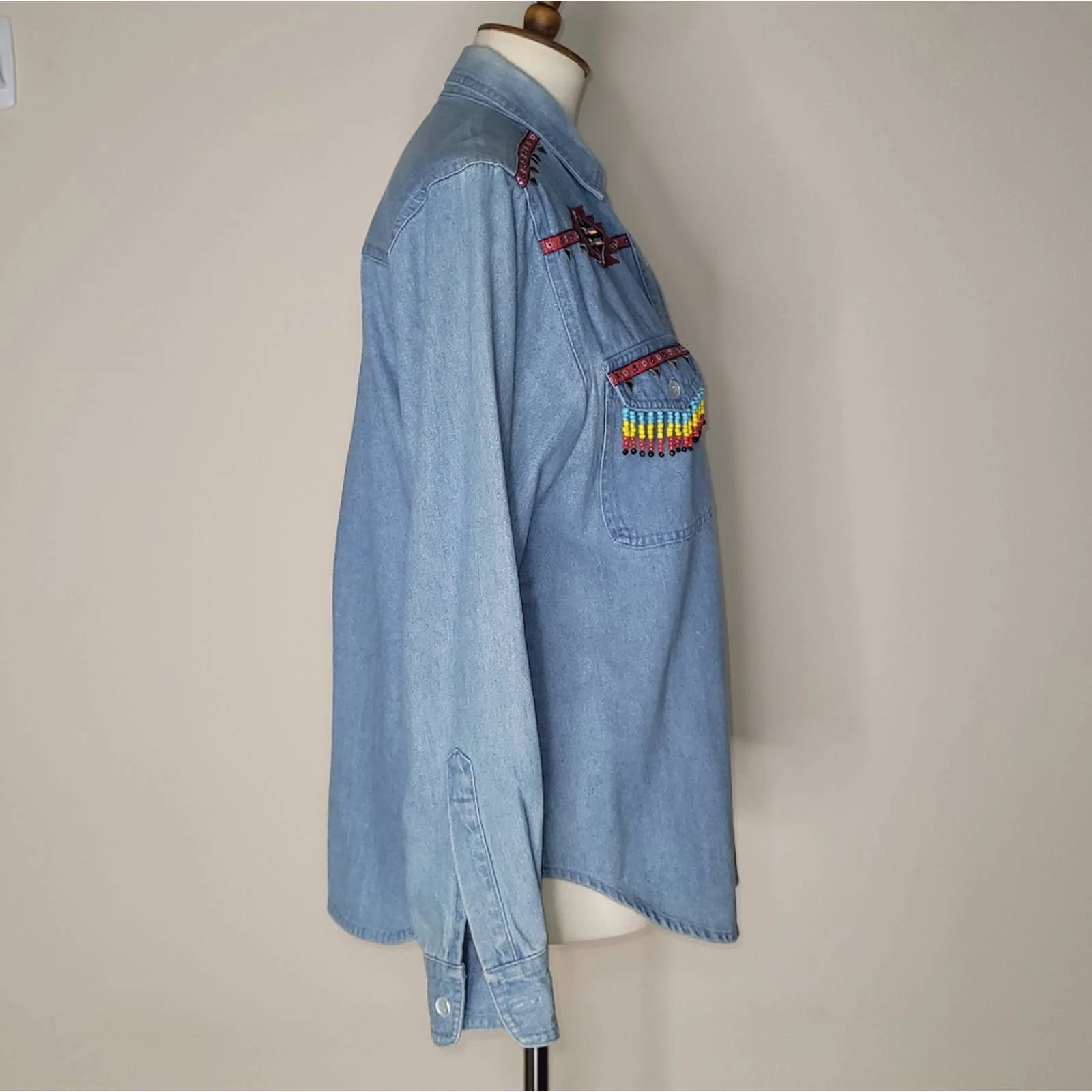 Blue Denim Long-Sleeved Collared Shirt with Beading Accents by Lew Magram - Image 3