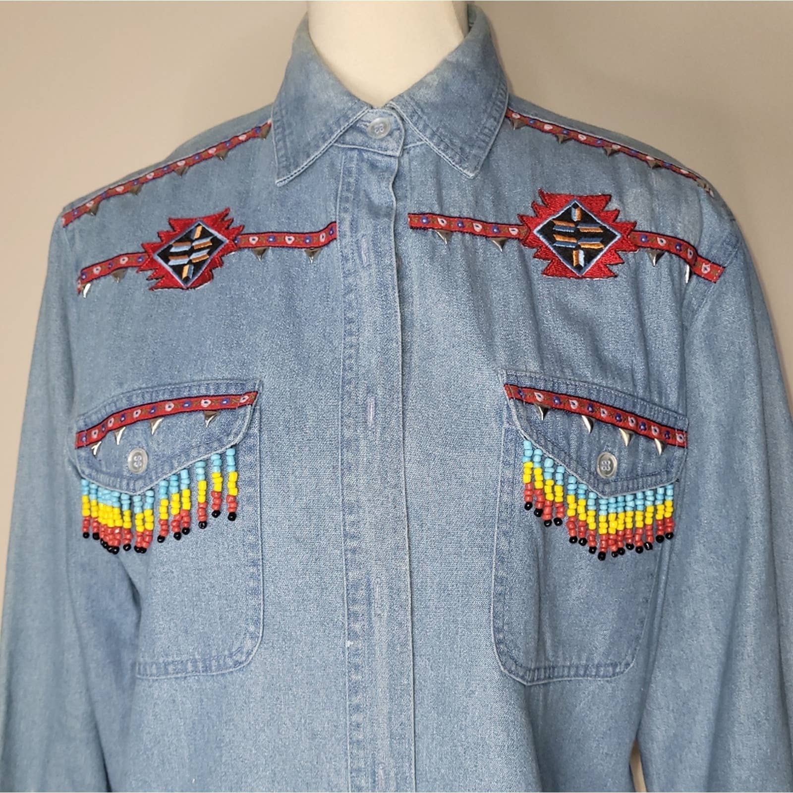 Blue Denim Long-Sleeved Collared Shirt with Beading Accents by Lew Magram - Image 5