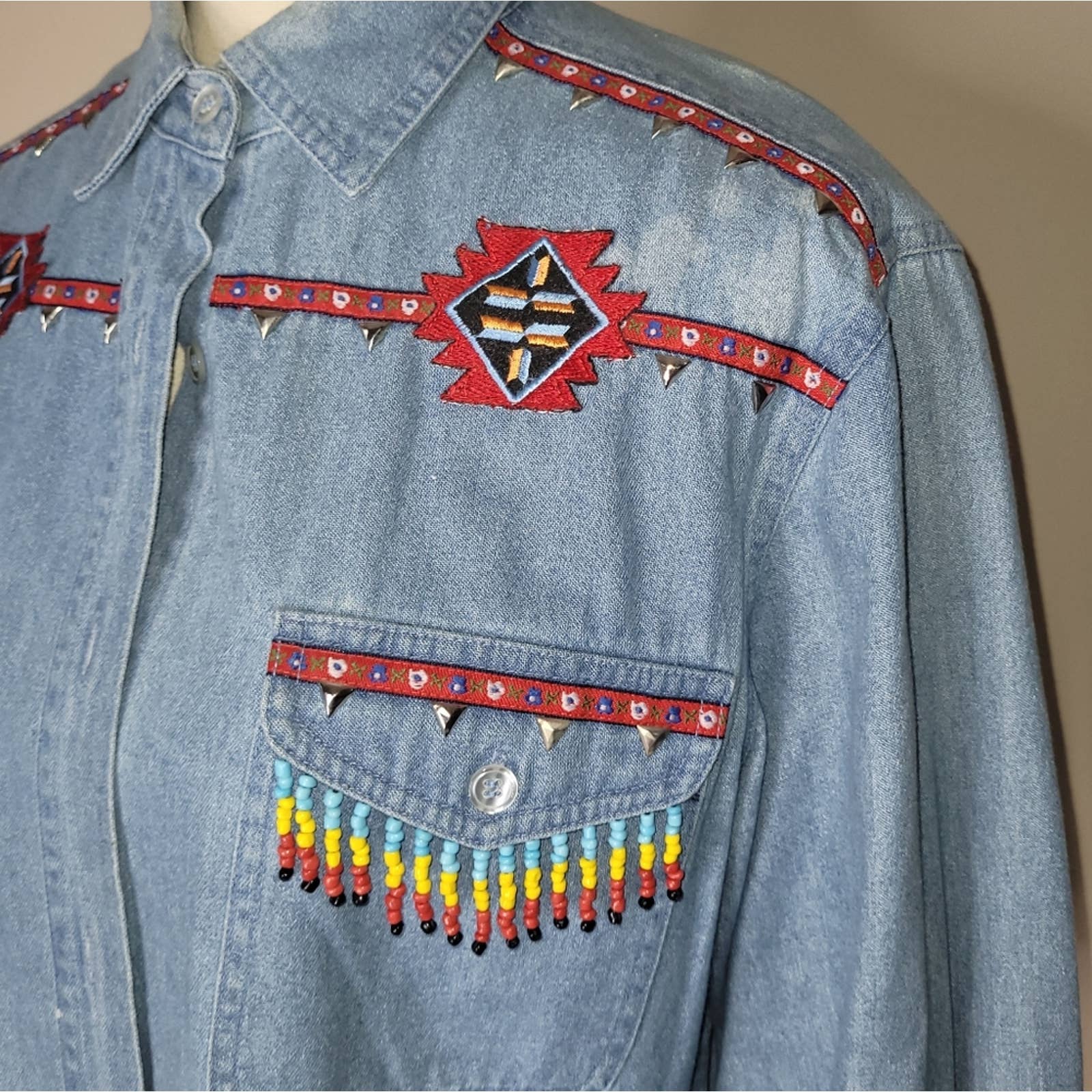 Blue Denim Long-Sleeved Collared Shirt with Beading Accents by Lew Magram - Image 6