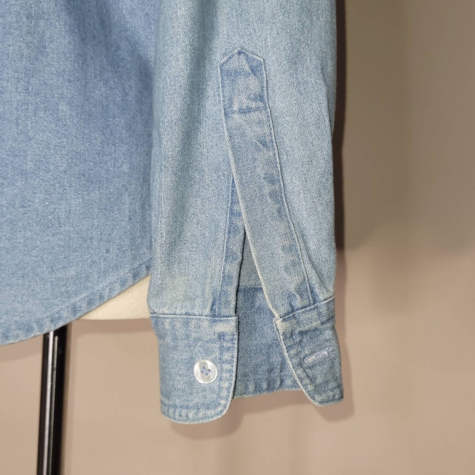 Blue Denim Long-Sleeved Collared Shirt with Beading Accents by Lew Magram - Image 7