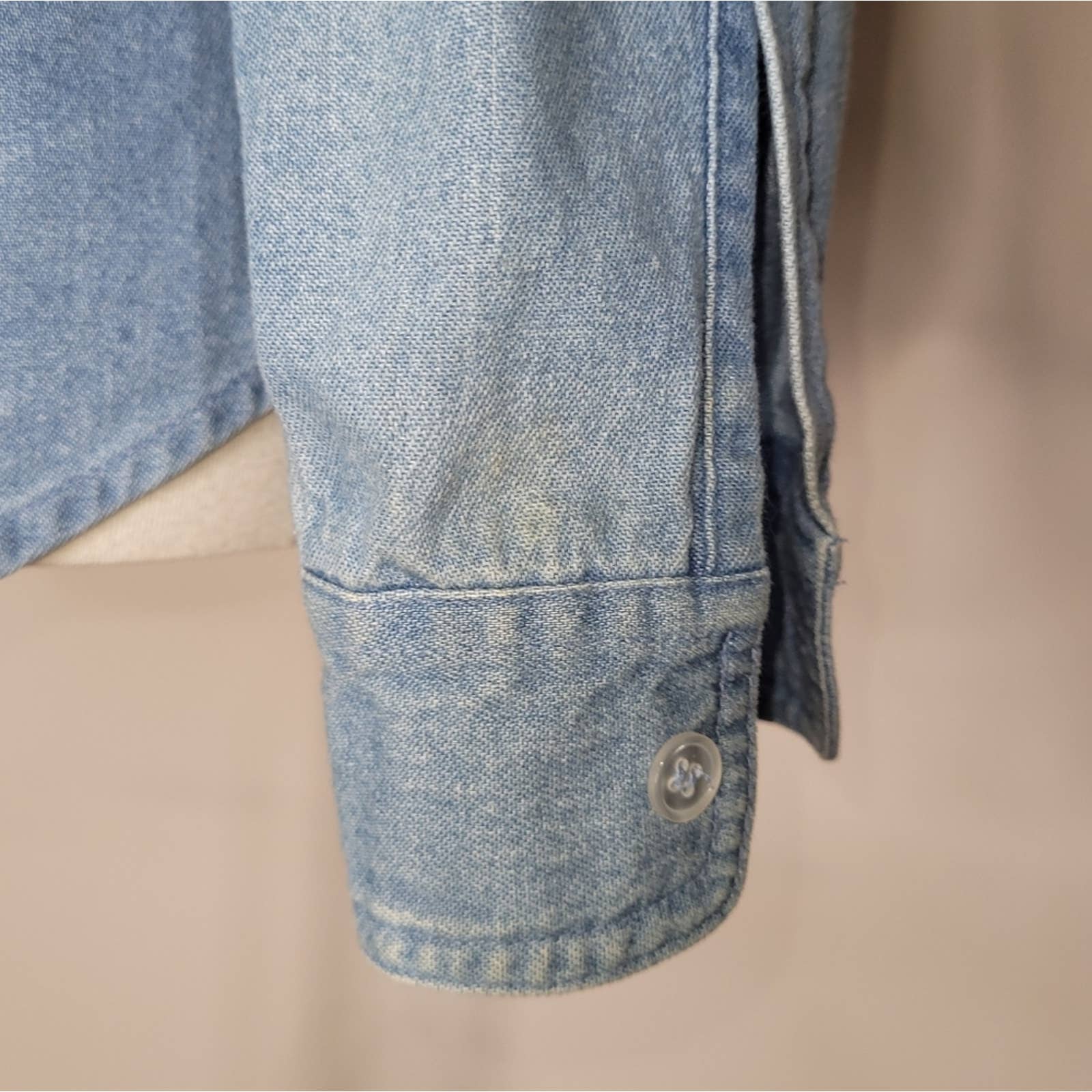 Blue Denim Long-Sleeved Collared Shirt with Beading Accents by Lew Magram - Image 9