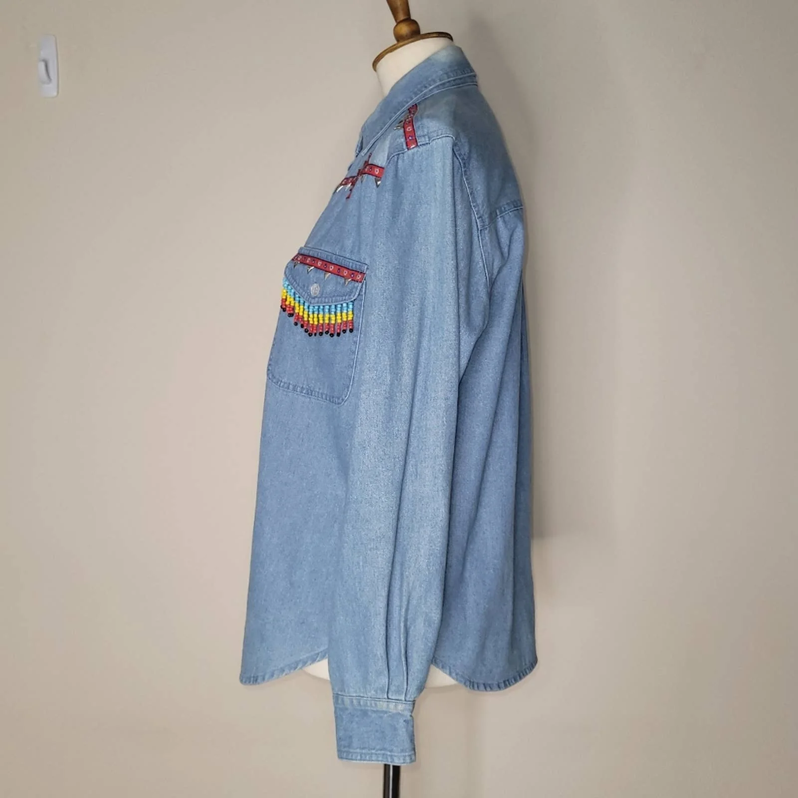 Blue Denim Long-Sleeved Collared Shirt with Beading Accents by Lew Magram by Lew Magram - Image 4
