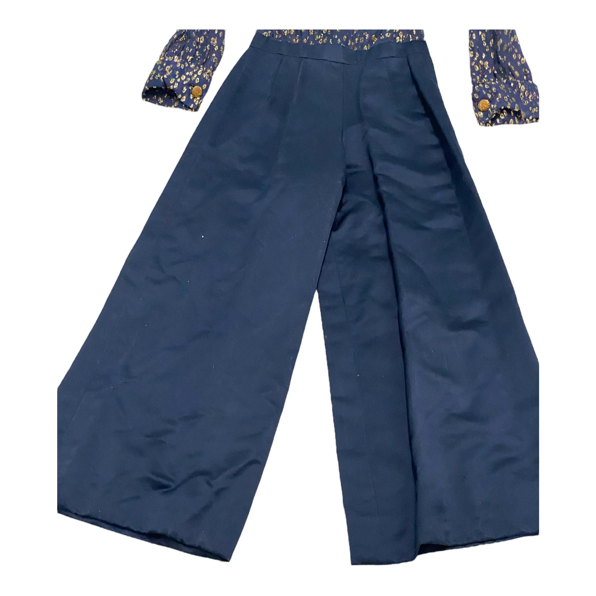 Blue Satin And Sheer Gold Flecked Blouse Pant Suit - Image 11